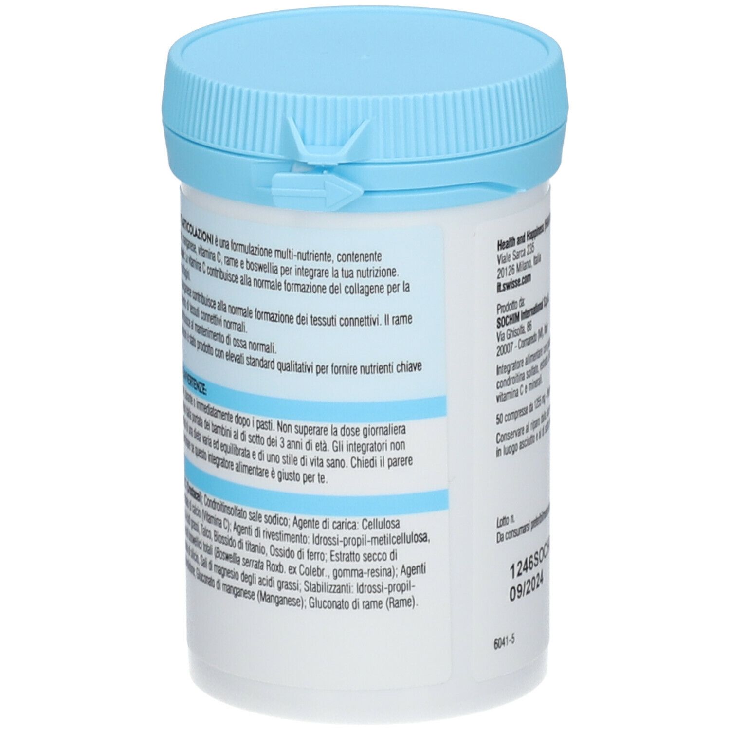 Swisse Articolazioni. Barattolo bianco con coperchio blu. Nome del prodotto e ingredienti stampati. 50 compresse.