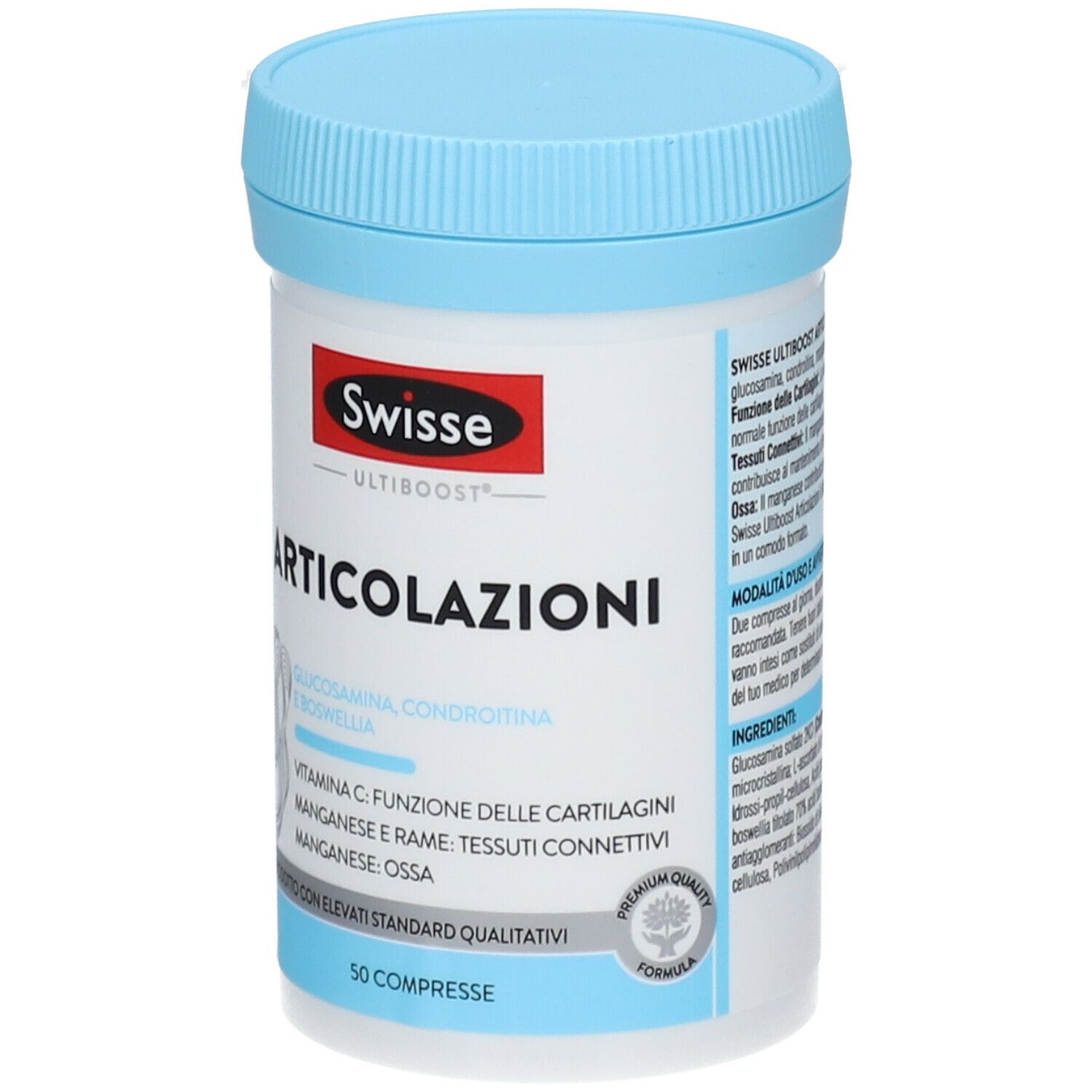 Swisse Articolazioni. Barattolo bianco con coperchio blu. Nome del prodotto e ingredienti stampati. 50 compresse.