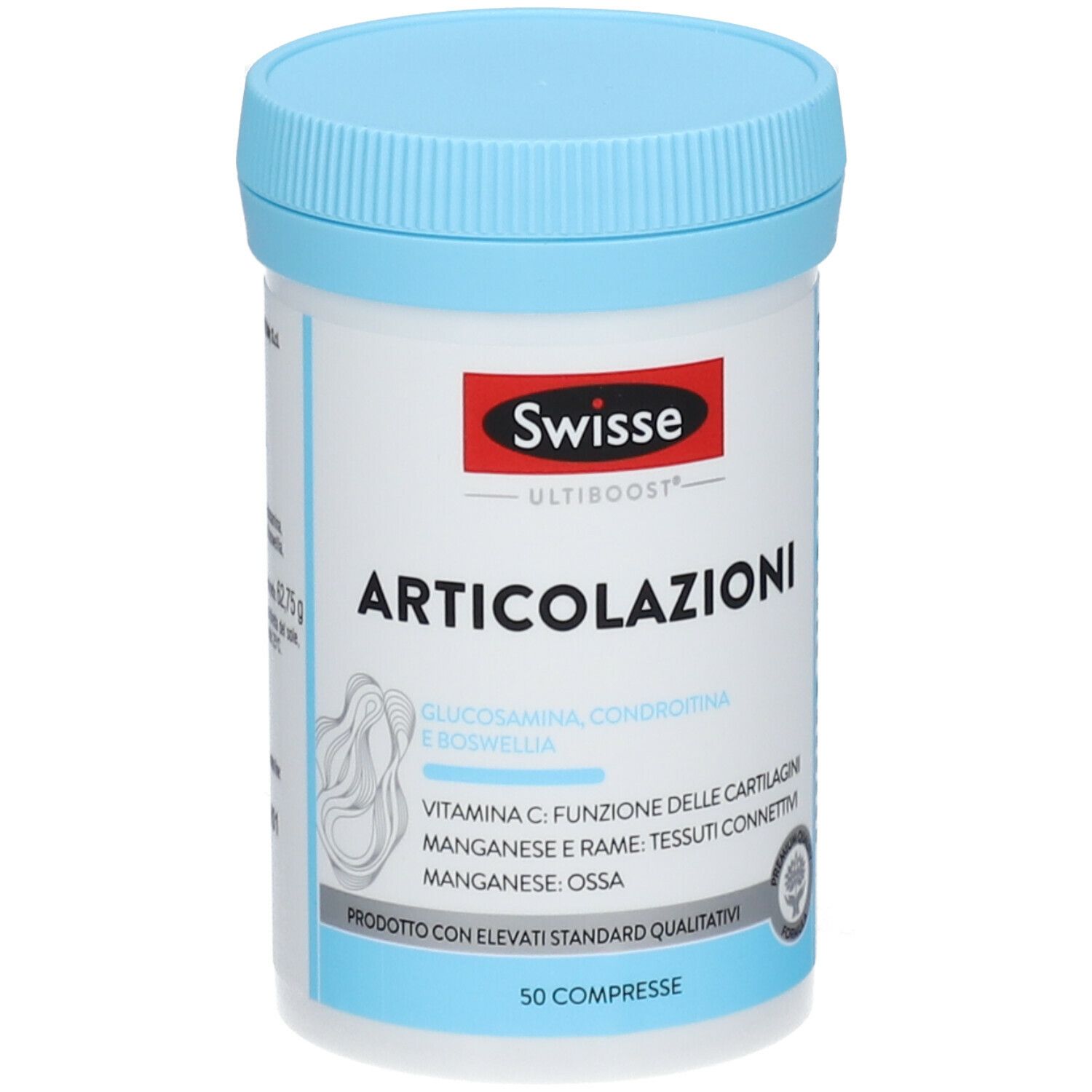 Swisse Articolazioni. Barattolo bianco con coperchio blu. Nome del prodotto e ingredienti stampati. 50 compresse.