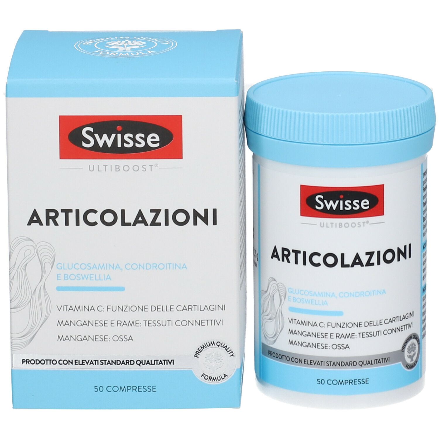 Swisse Articolazioni. Prodotto e confezione. Barattolo e scatola bianchi con coperchio blu. 50 compresse.