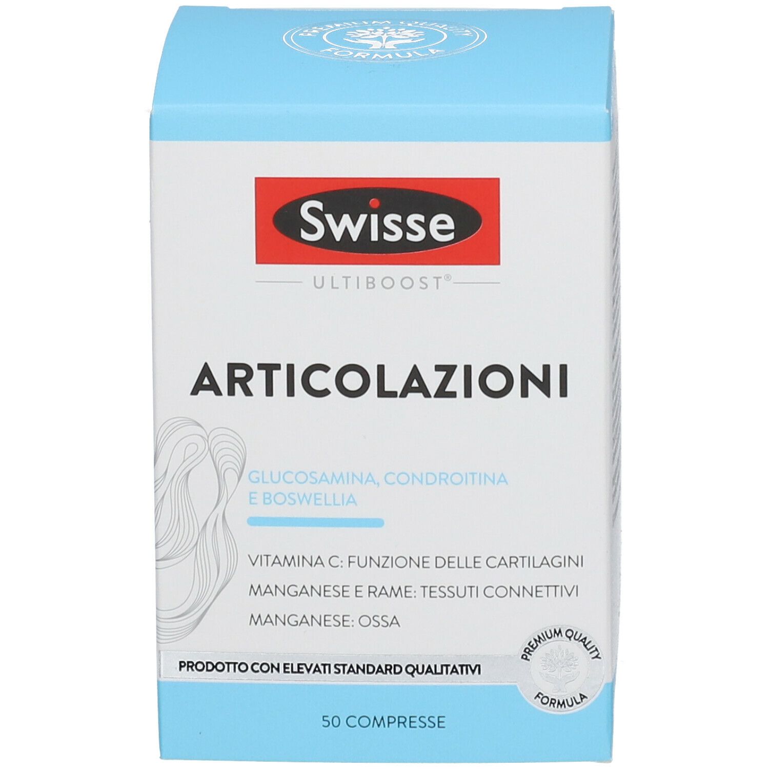 Swisse Articolazioni. Scatola bianca e blu. Nome del prodotto e ingredienti stampati. 50 compresse.