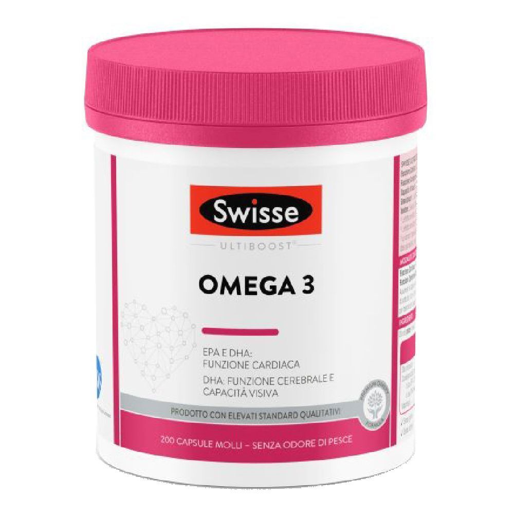 Barattolo rotondo con coperchio rosa. Scritta: Swisse Ultiboost Omega 3. Contiene 200 capsule. Con grafica a cuore.