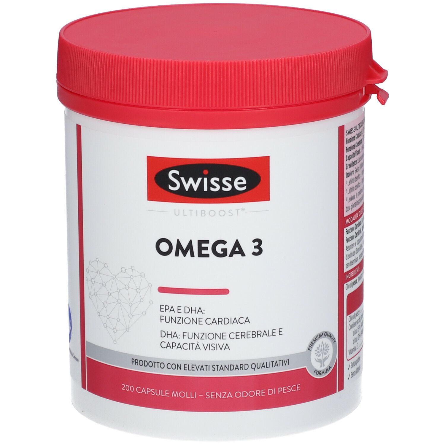 Barattolo rotondo con coperchio rosso. Scritta: Swisse Ultiboost Omega 3. Contiene 200 capsule. Con grafica a cuore.