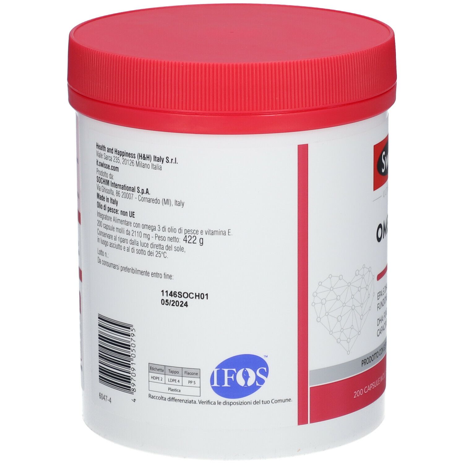 Barattolo rotondo con coperchio rosso. Retro con testo e codice a barre. Certificazione IFOS.