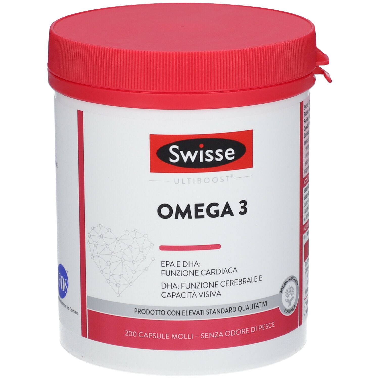 Barattolo rotondo con coperchio rosso. Scritta: Swisse Ultiboost Omega 3. Contiene 200 capsule. Con grafica a cuore.
