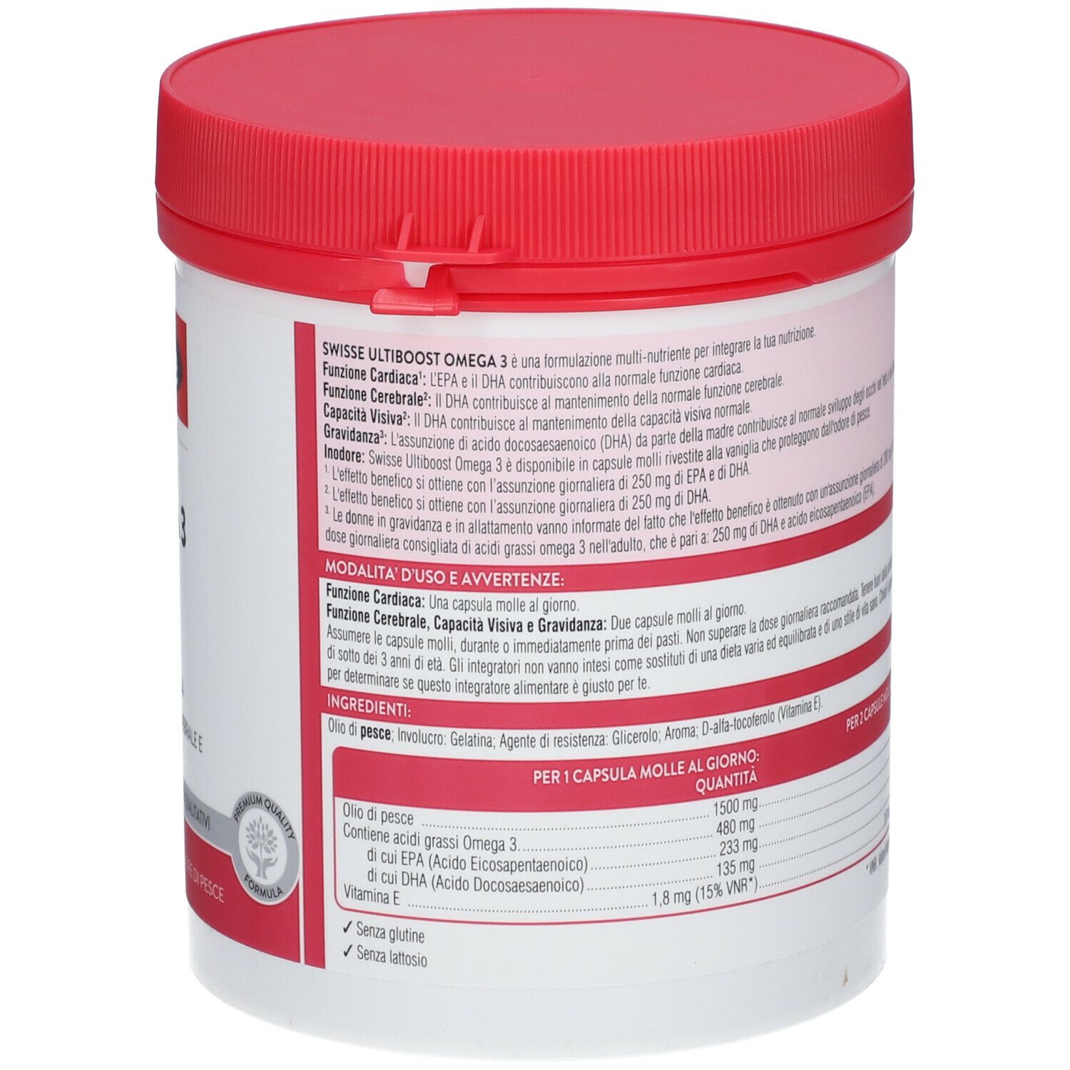 Barattolo rotondo con coperchio rosso. Retro con testo, ingredienti e informazioni nutrizionali.