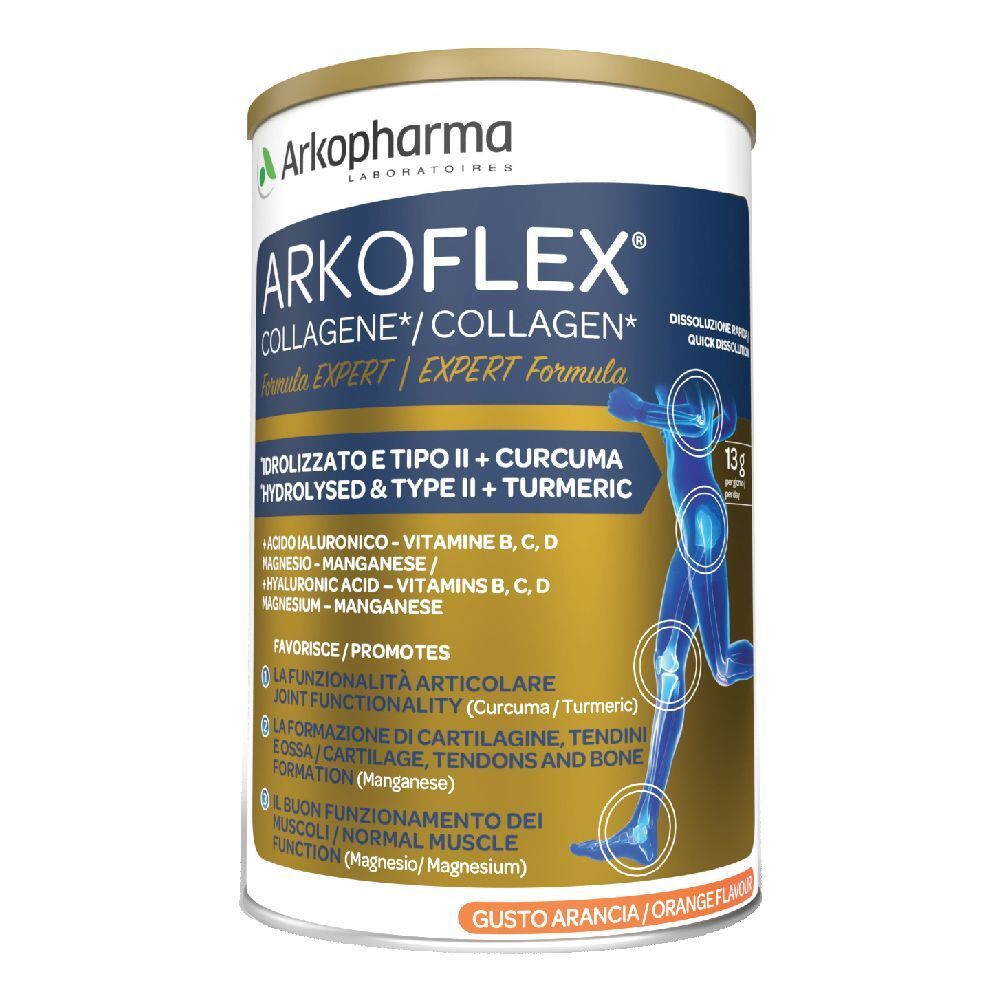 Boîte cylindrique Arkoflex Collagene. Étiquette bleu et blanc avec informations et illustrations. Couvercle doré.