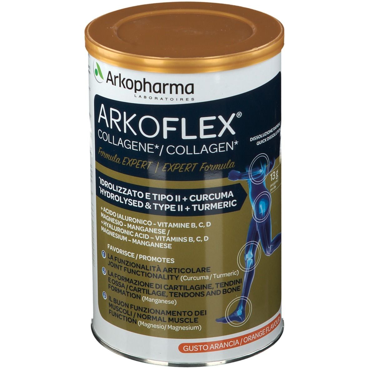 Boîte cylindrique Arkoflex Collagene. Étiquette bleu et blanc avec informations. Couvercle doré. Vue en perspective.
