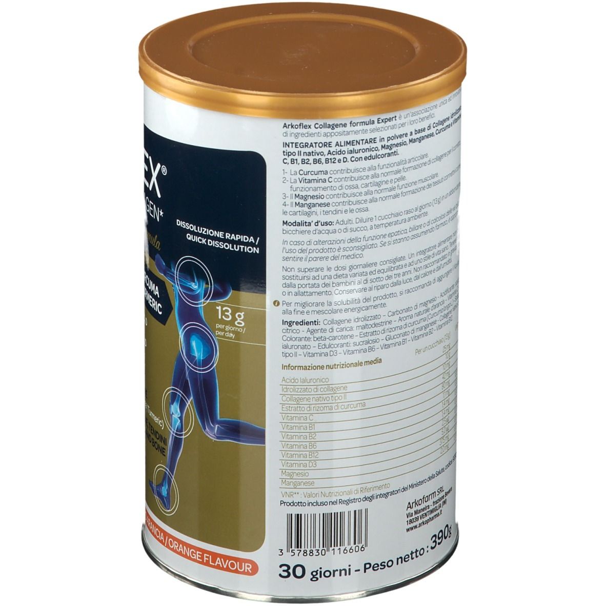 Boîte cylindrique Arkoflex Collagene. Étiquette bleu et blanc avec informations. Couvercle doré. Vue en perspective.