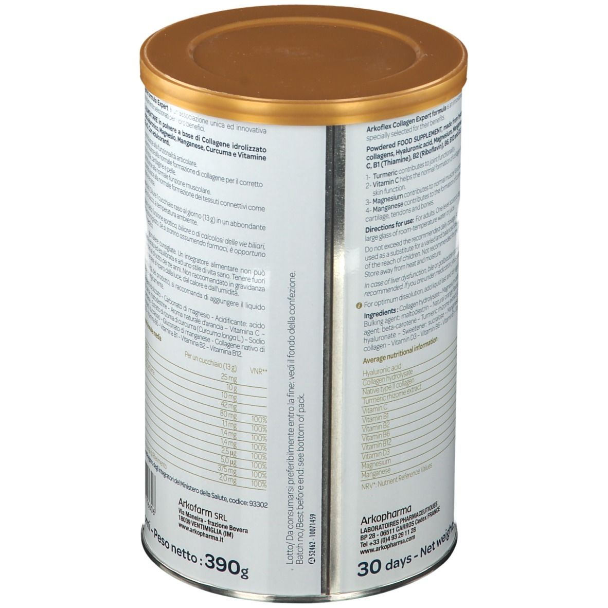 Boîte cylindrique Arkoflex Collagene. Étiquette bleu et blanc avec informations. Couvercle doré. Vue en perspective.