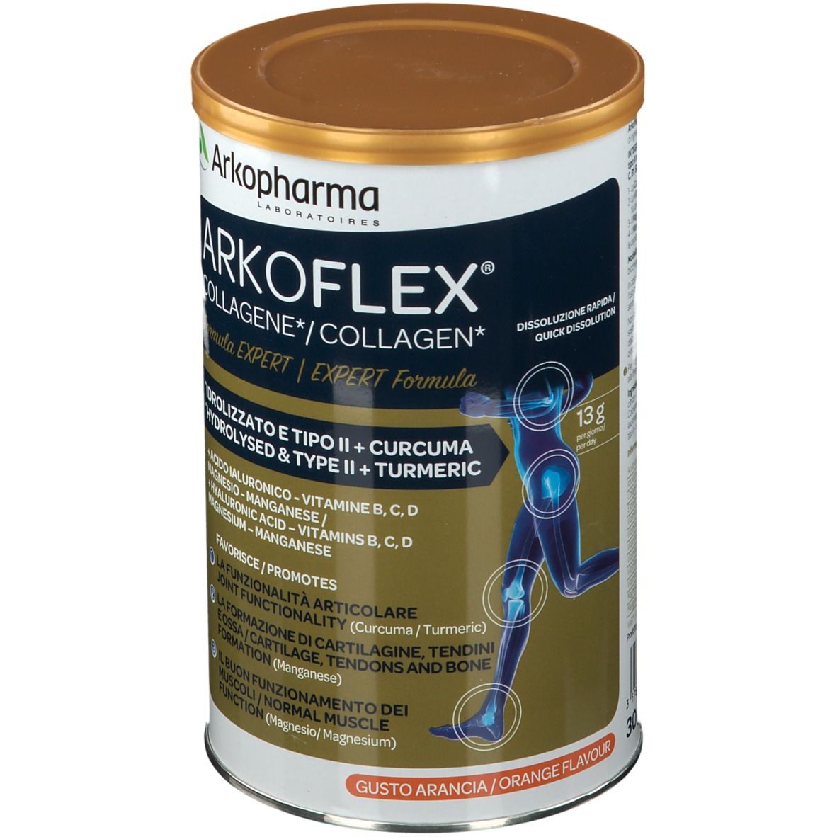 Boîte cylindrique Arkoflex Collagene. Étiquette bleu et blanc avec informations. Couvercle doré. Vue en perspective.