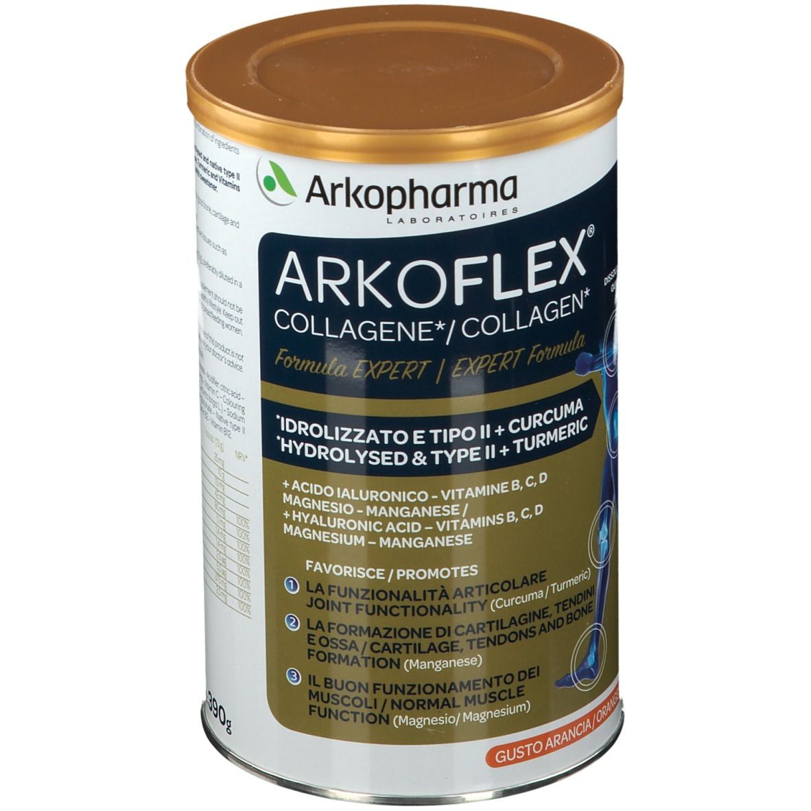 Boîte cylindrique Arkoflex Collagene. Étiquette bleu et blanc avec informations. Couvercle doré. Vue en perspective.
