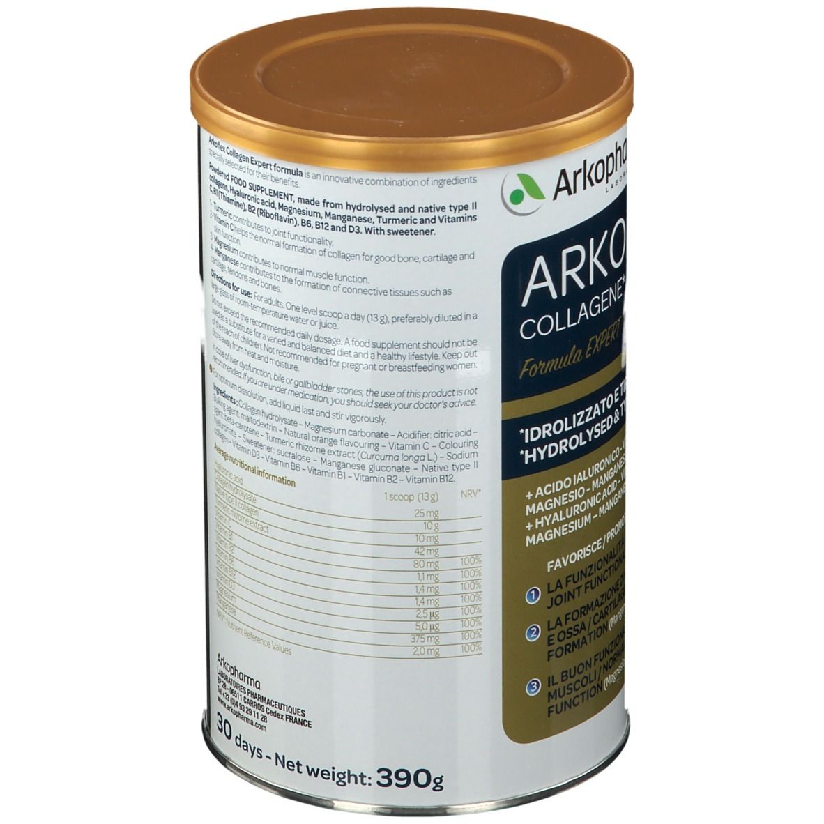 Boîte cylindrique Arkoflex Collagene. Étiquette bleu et blanc avec informations. Couvercle doré. Vue en perspective.
