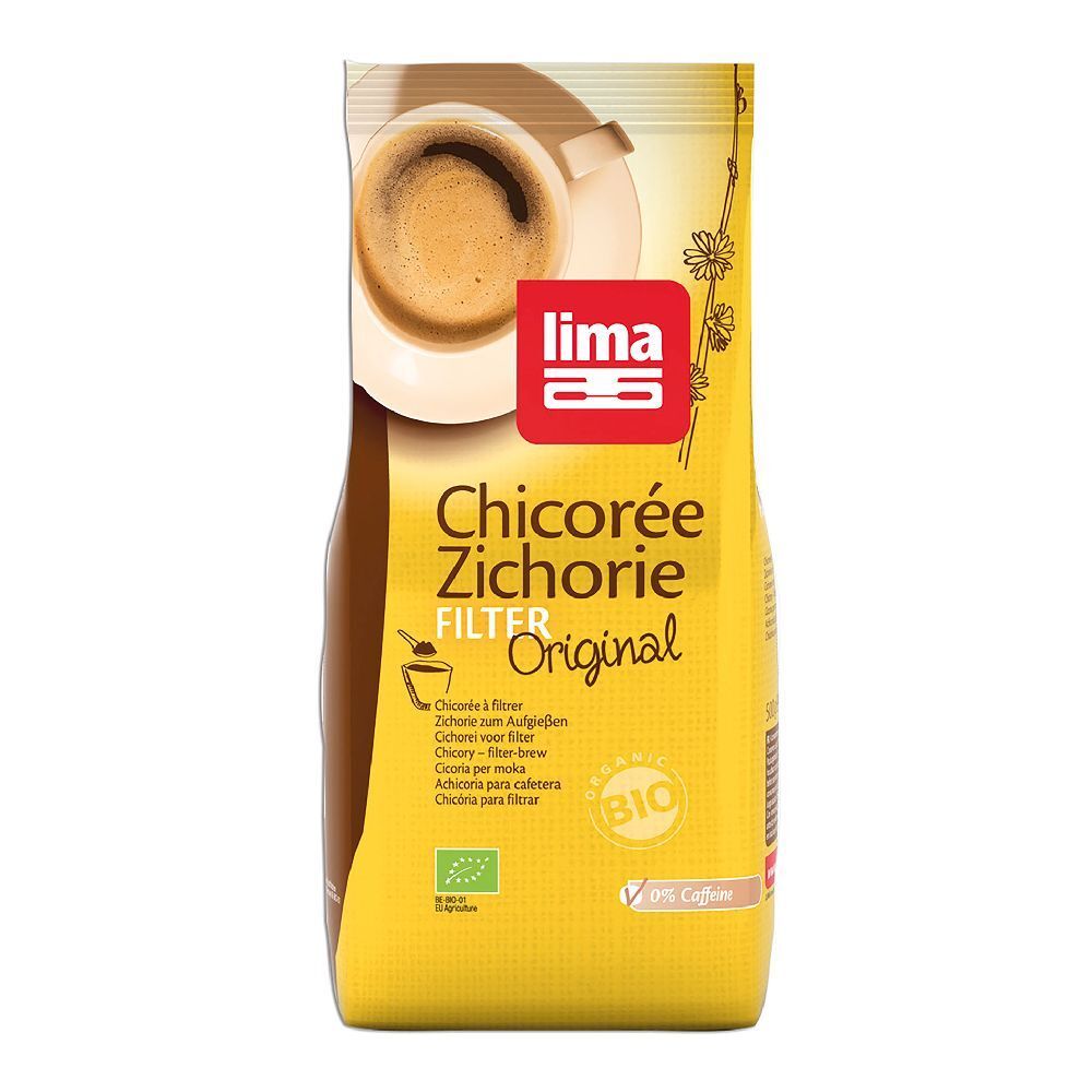 Confezione gialla con stampa. "Chicorée Filter Original" e logo "Lima". Sigillo bio e 0% caffeina.