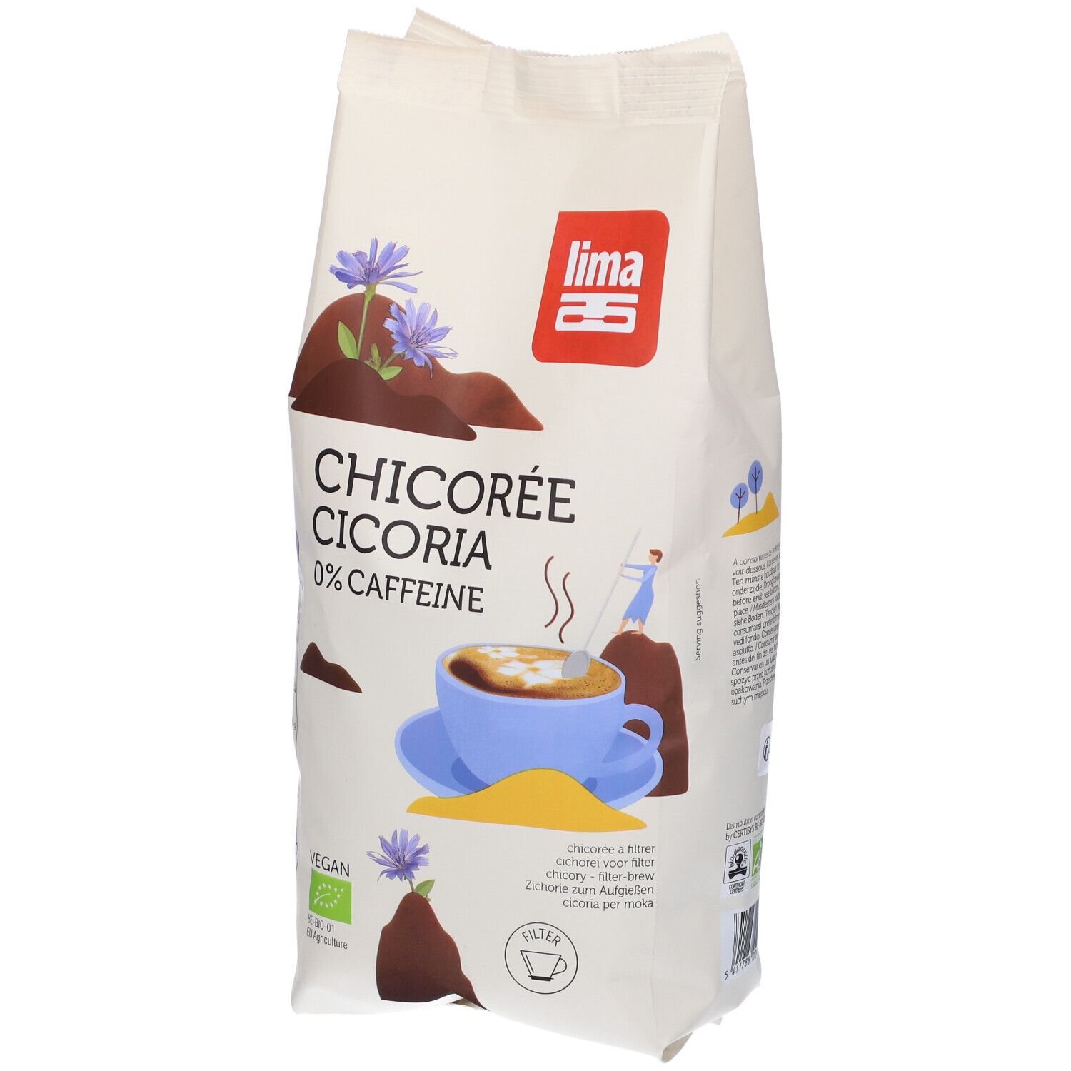 Confezione bianca con stampa. "Chicorée Cichoria 0% caffeine" e logo "Lima". Sigillo vegano.