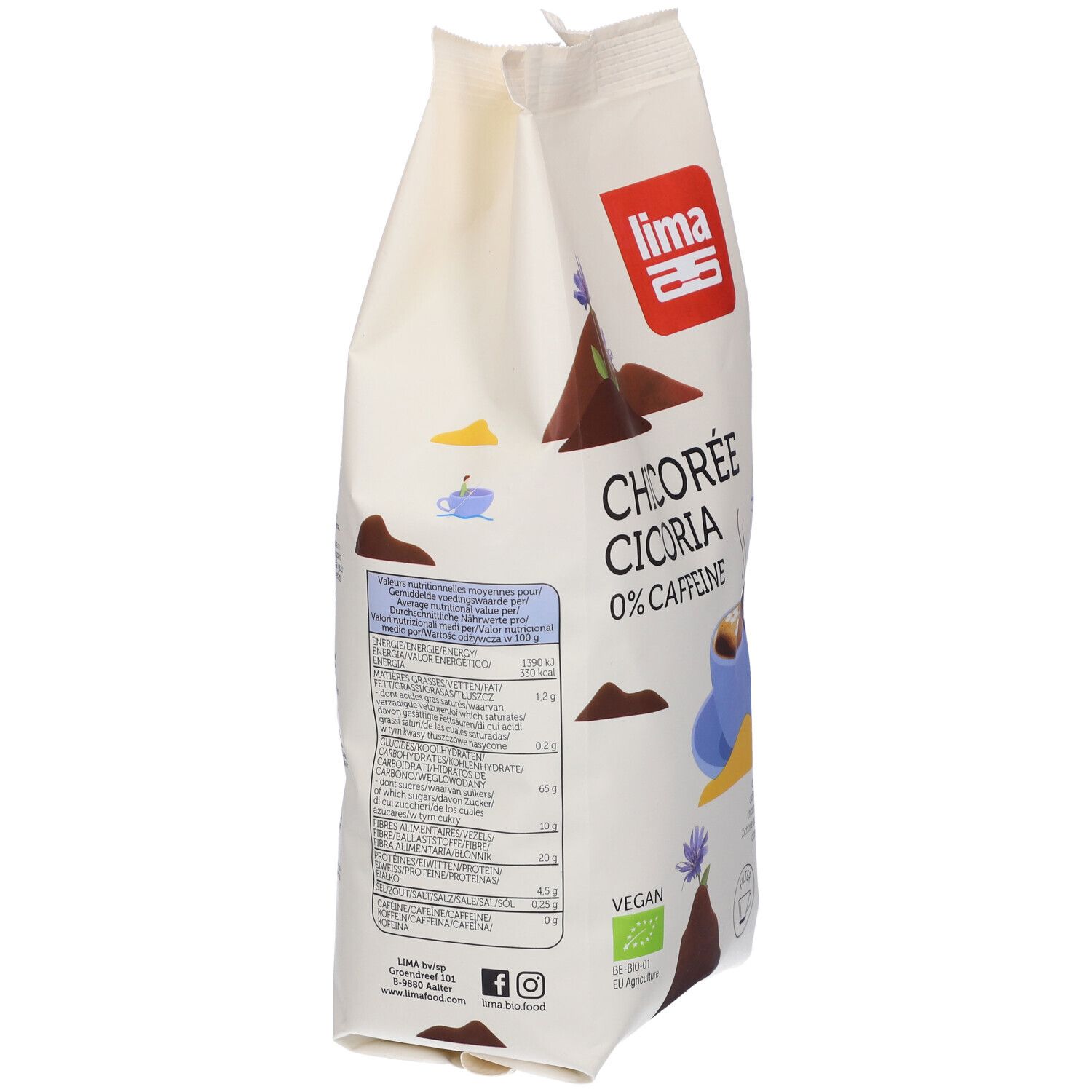 Retro della confezione. Testo con informazioni nutrizionali e ingredienti. "Chicorée Cichoria 0% caffeine" e logo "Lima".