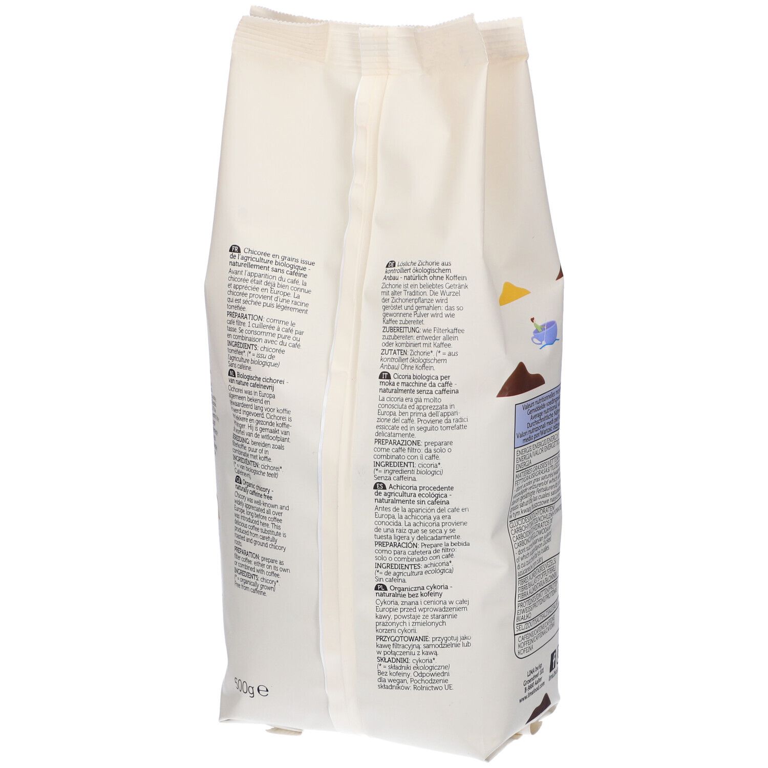 Retro della confezione. Testo con informazioni nutrizionali e ingredienti. "Chicorée Cichoria 0% caffeine" e logo "Lima".