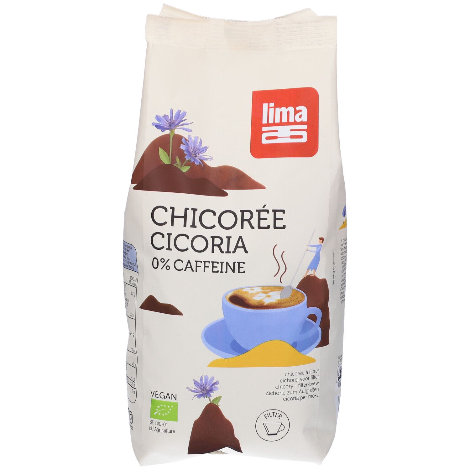 Confezione bianca con stampa. "Chicorée Cichoria 0% caffeine" e logo "Lima". Sigillo vegano.