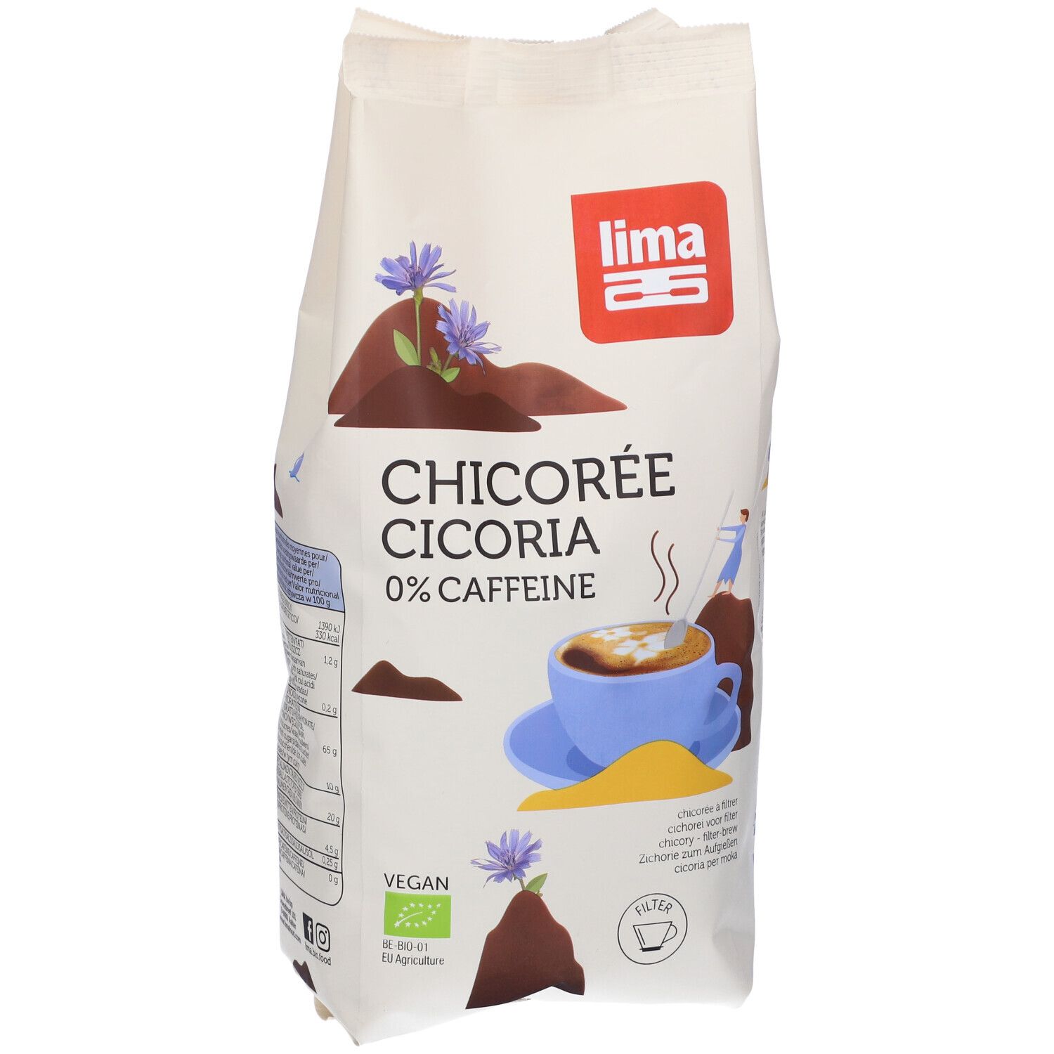 Confezione bianca con stampa. "Chicorée Cichoria 0% caffeine" e logo "Lima". Sigillo vegano.