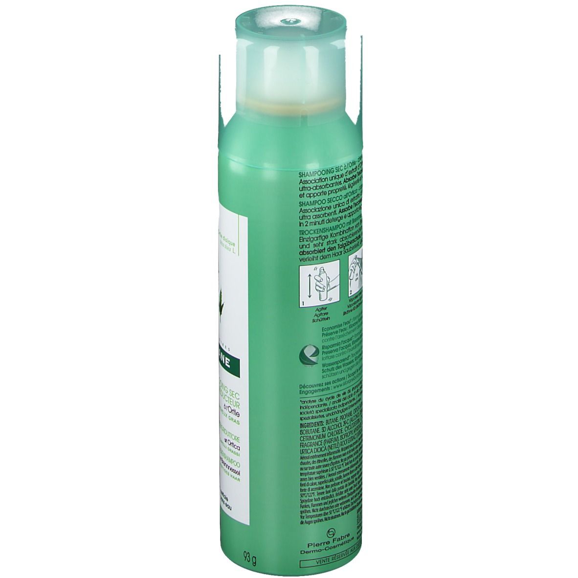 Flacon spray vert avec étiquette blanche. Shampooing sec KLORANE à l'ortie. Bouchon verdâtre. Dos avec instructions.