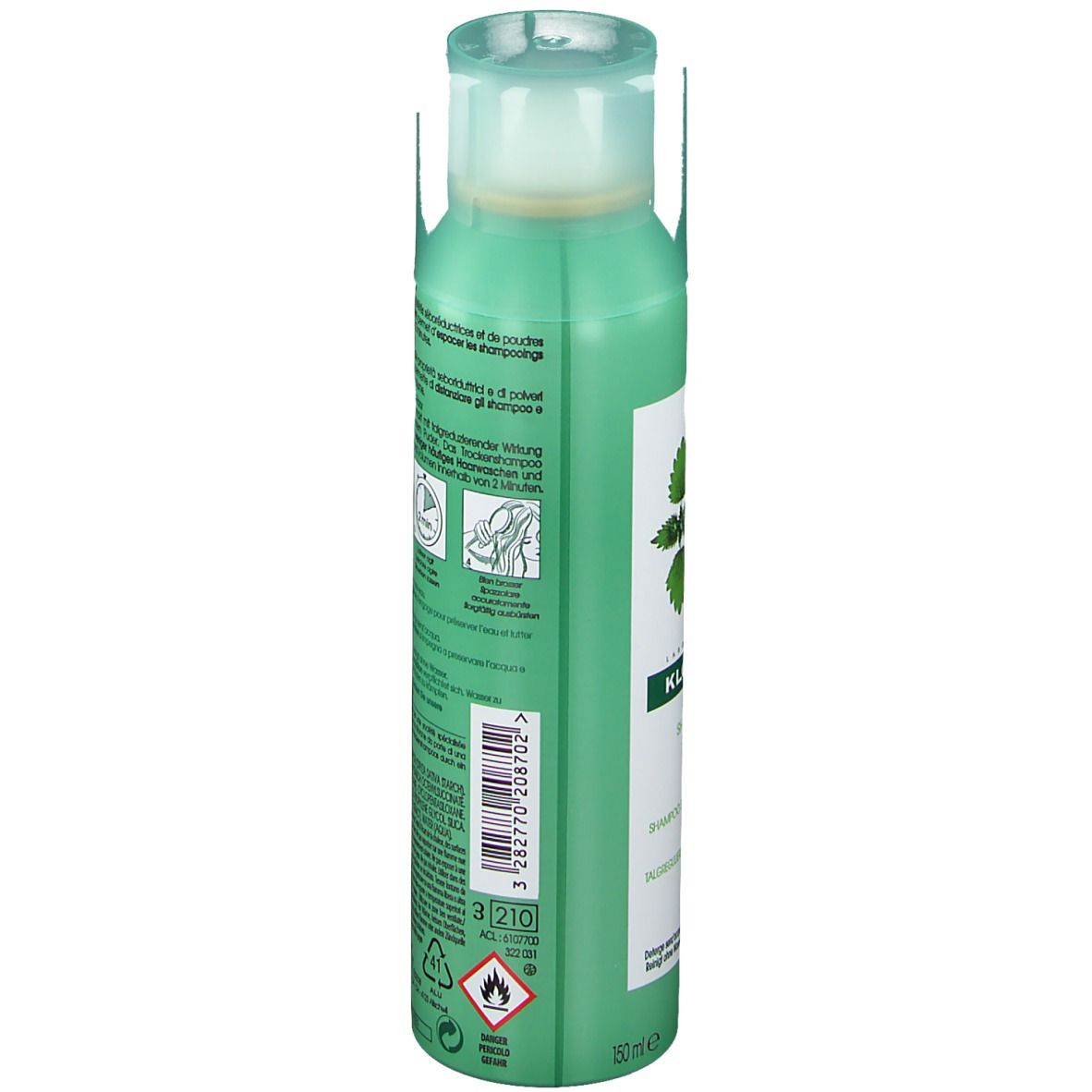 Flacon spray vert avec étiquette blanche. Shampooing sec KLORANE à l'ortie. Bouchon verdâtre. Dos avec ingrédients.
