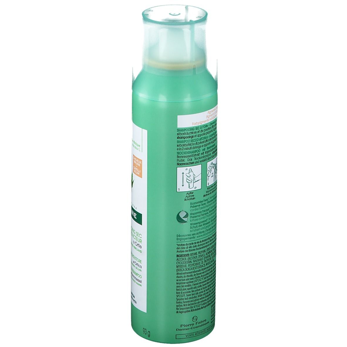 Flacone spray verde, vista laterale. Testo e illustrazioni sull'etichetta. Informazioni sugli ingredienti e l'uso.