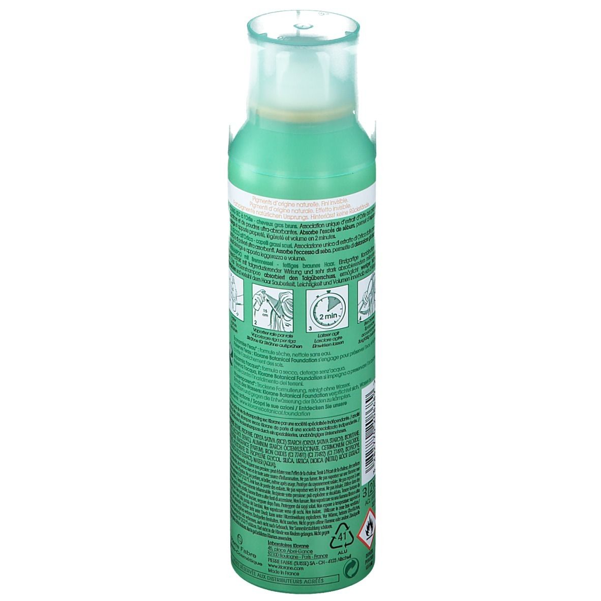 Flacone spray verde, vista laterale. Testo e illustrazioni sull'etichetta. Informazioni sull'uso e gli ingredienti.
