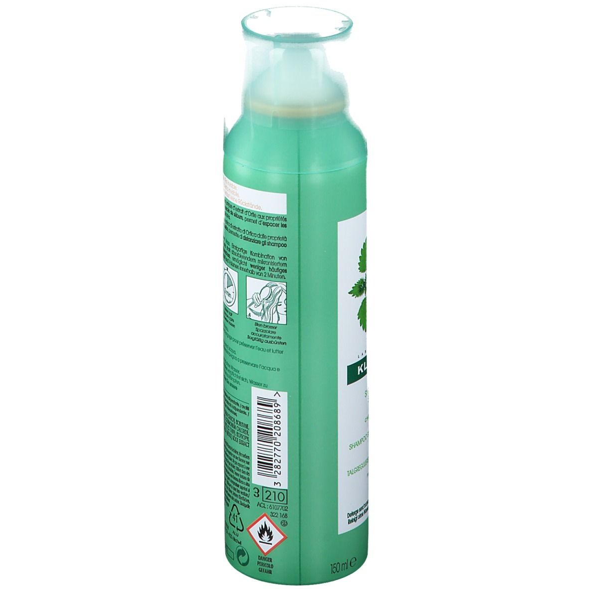 Flacone spray verde, vista laterale. Testo e illustrazioni sull'etichetta. Informazioni sull'uso e gli ingredienti.