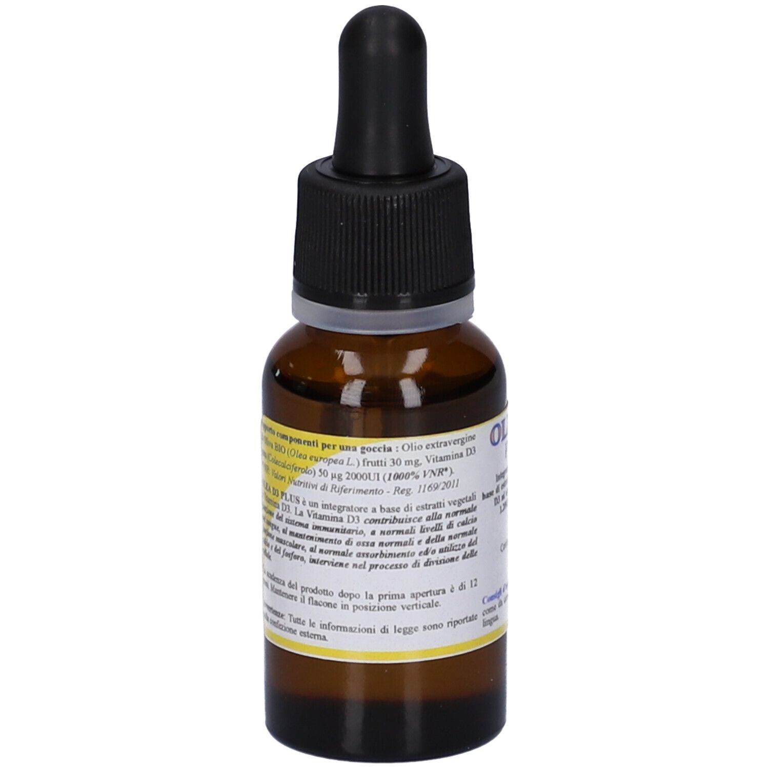Flacone di vetro marrone con tappo nero e contagocce. Retro con informazioni sul prodotto e ingredienti.