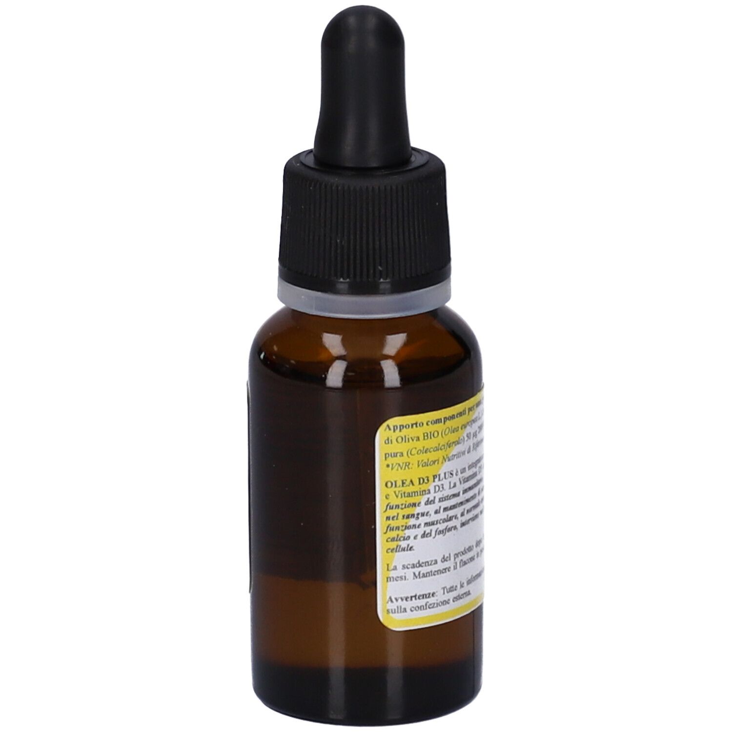 Flacone di vetro marrone con tappo nero e contagocce. Retro con informazioni sul prodotto e ingredienti.