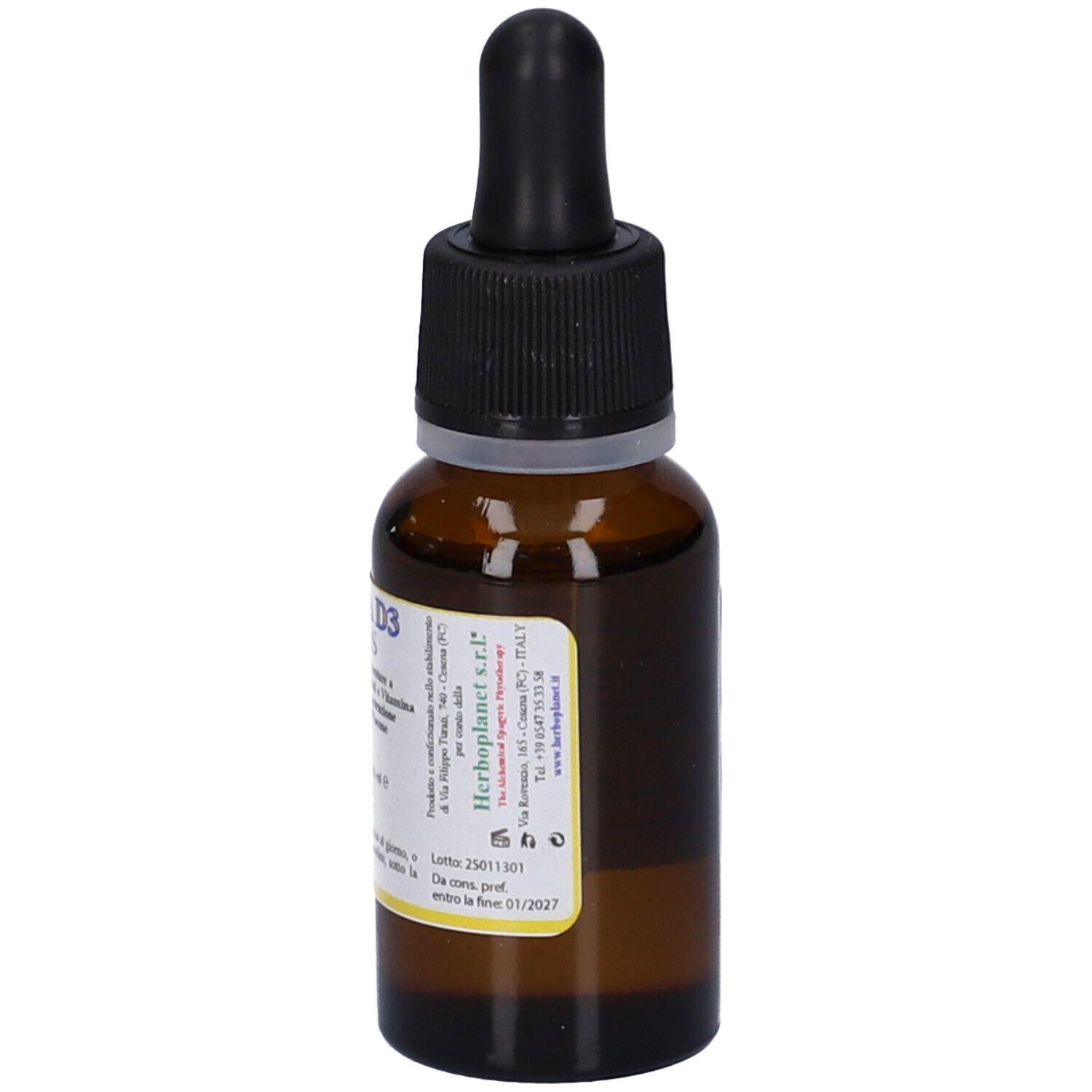 Flacone di vetro marrone con tappo nero e contagocce. Retro con informazioni del produttore.