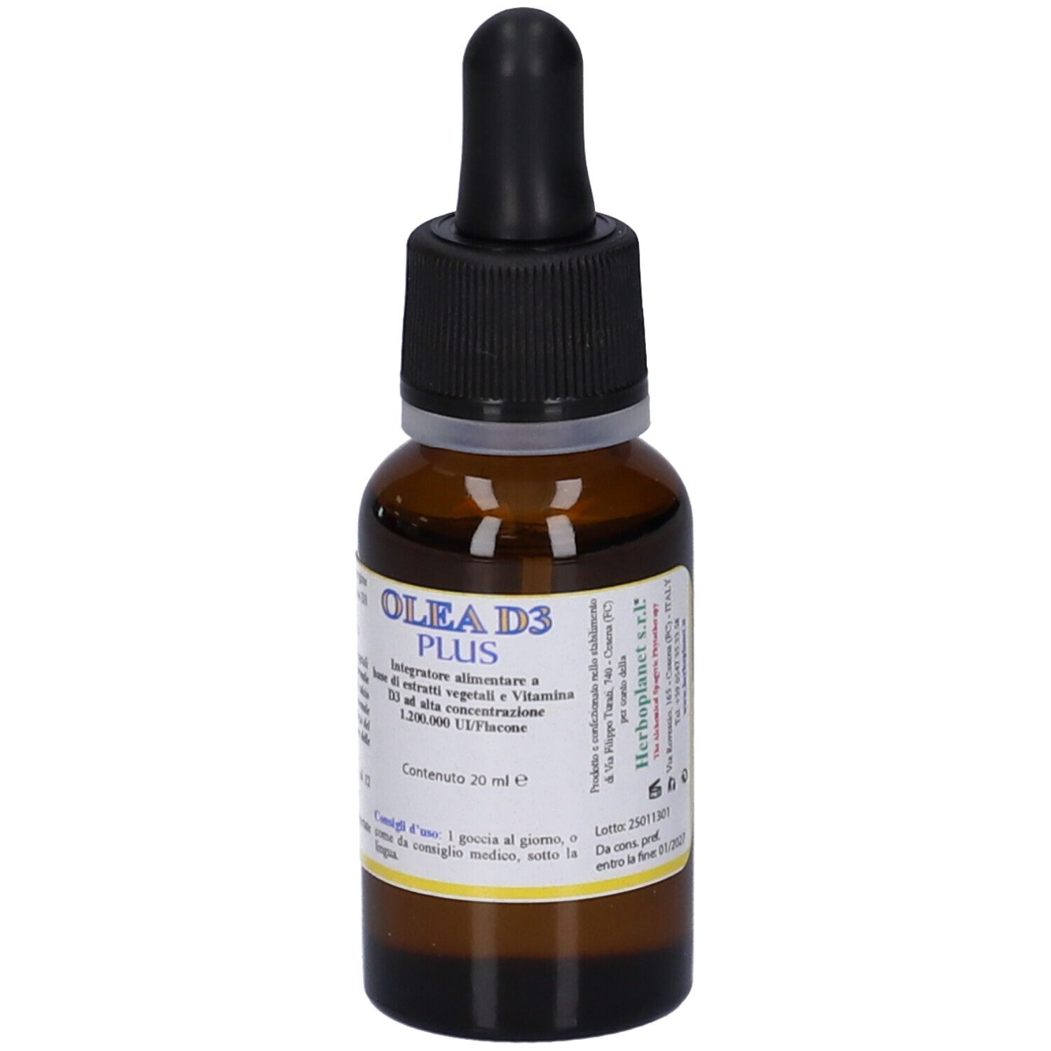 Flacone di vetro marrone con tappo nero e contagocce. Scritta OLEA D3 PLUS. Contenuto 20 ml.