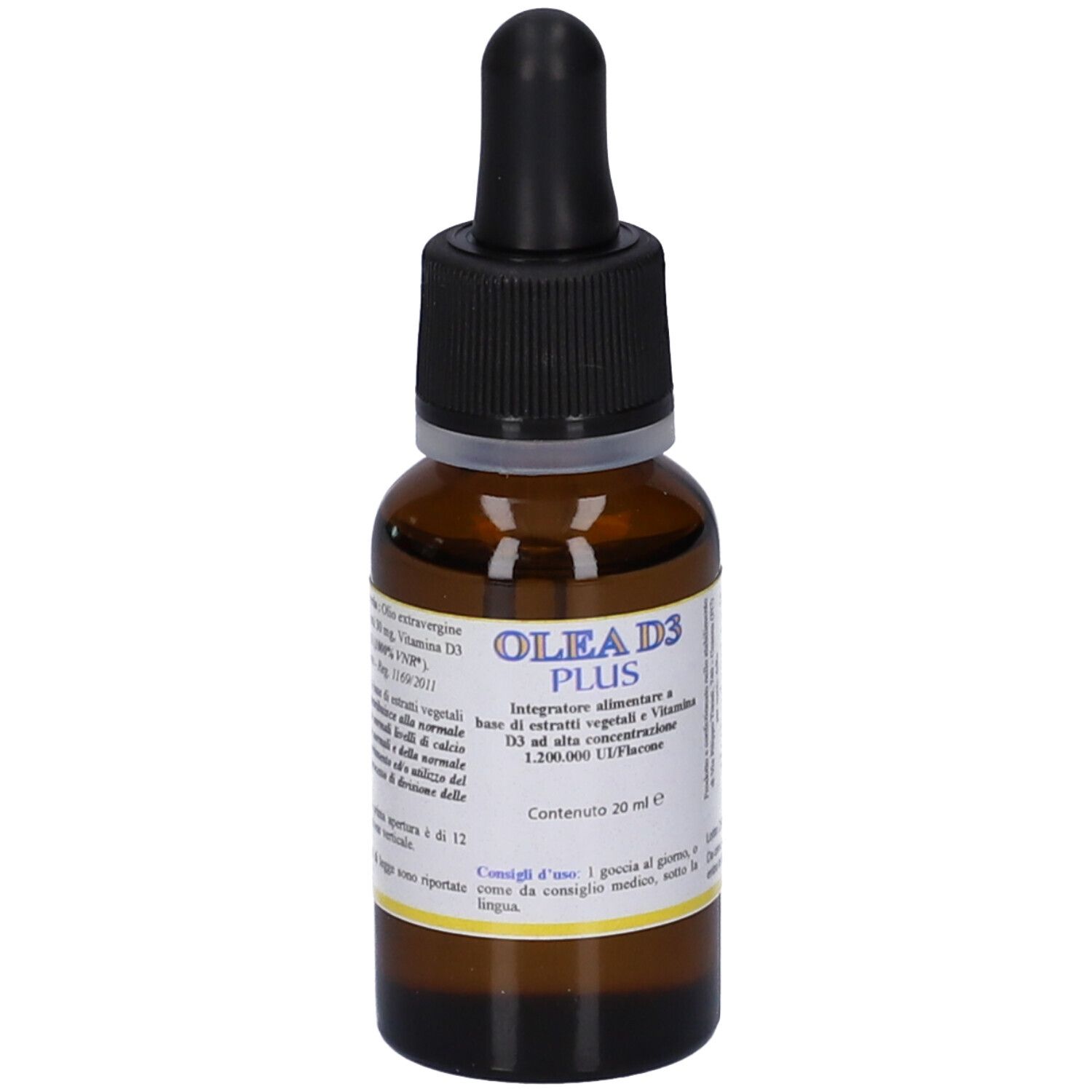 Flacone di vetro marrone con tappo nero e contagocce. Scritta OLEA D3 PLUS. Contenuto 20 ml.