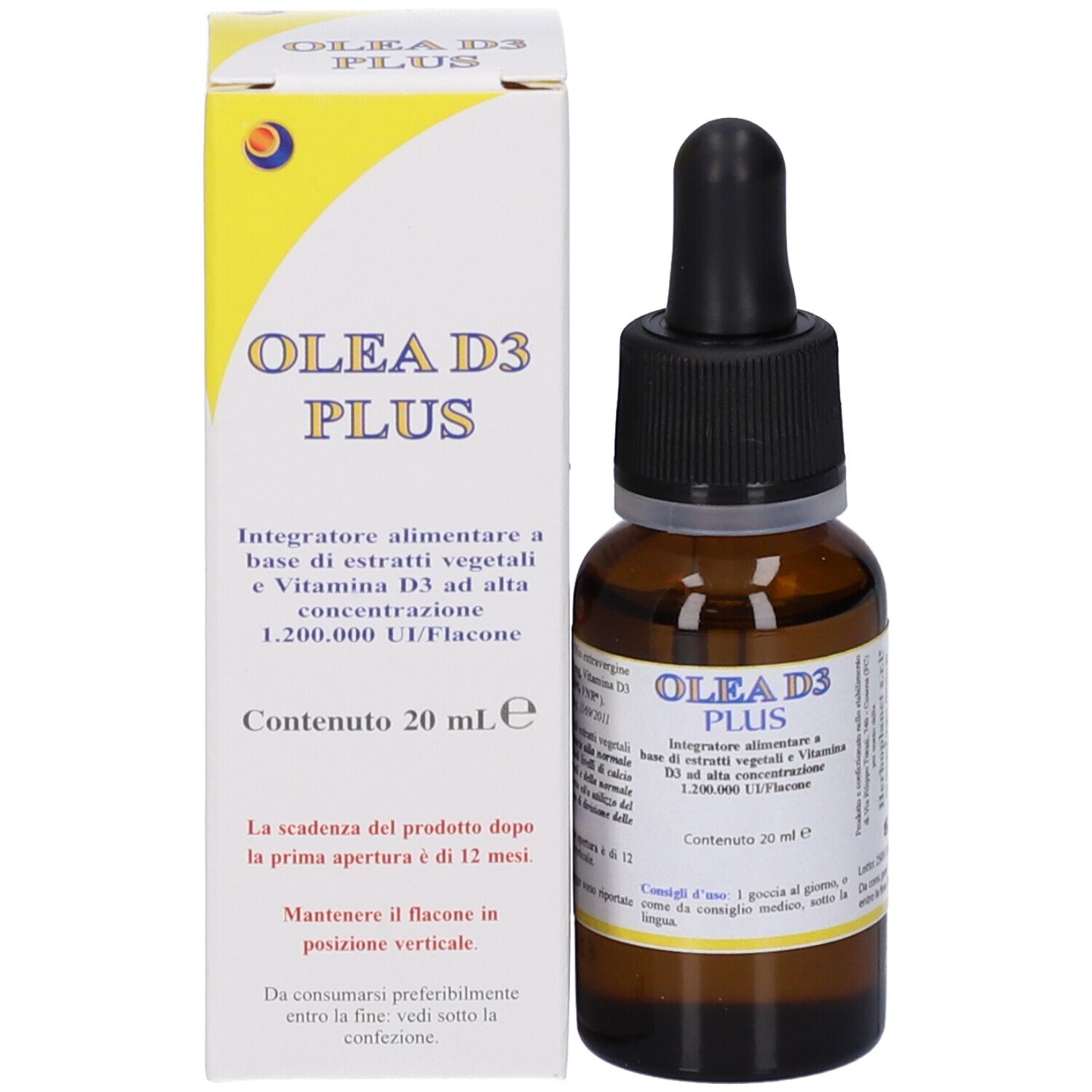 Flacone di vetro marrone con tappo nero e contagocce, accanto a una scatola bianca. Scritta OLEA D3 PLUS.