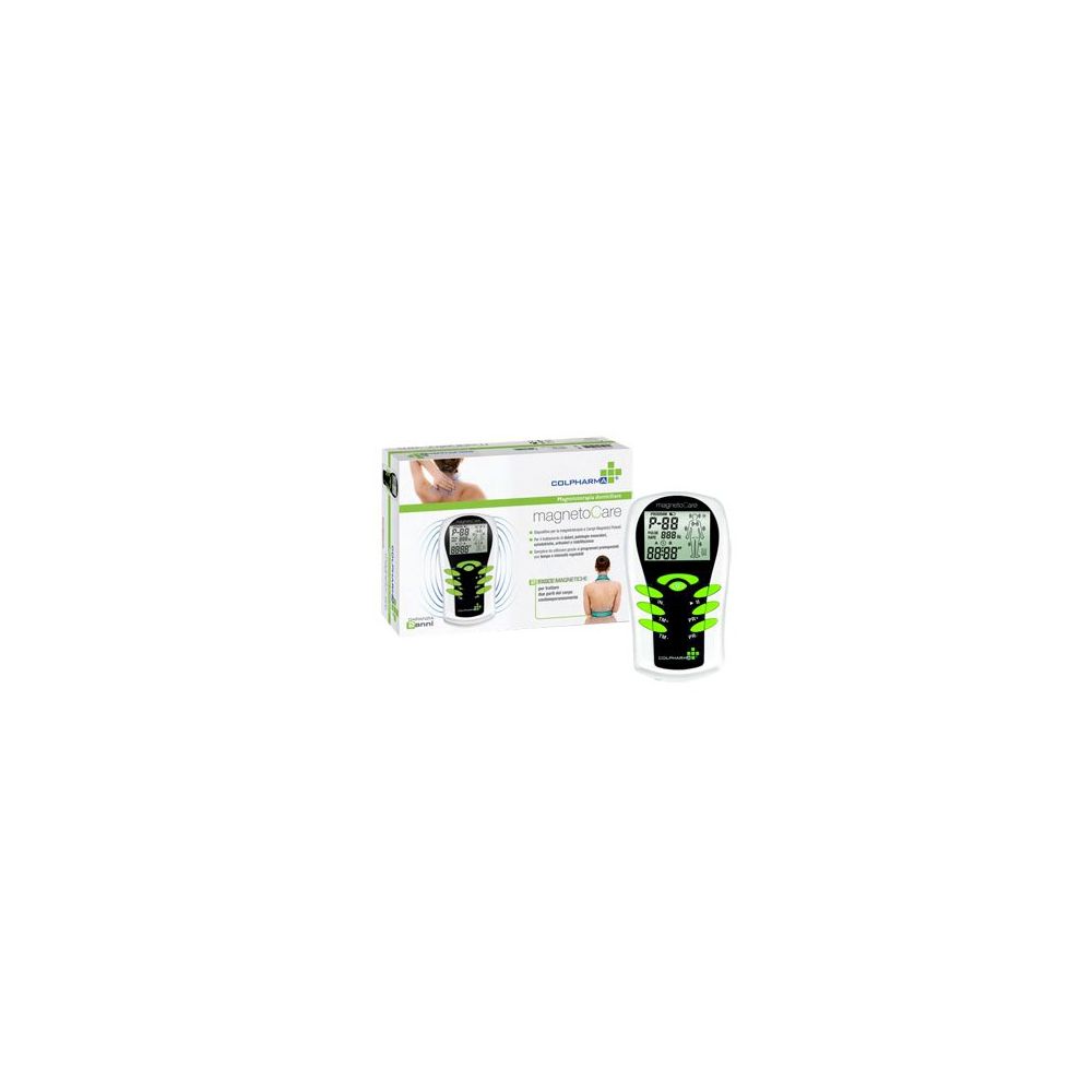 Gerät mit Display und grünen Akzenten. Verpackung mit Produktabbildung und Schriftzug magnetoCare.