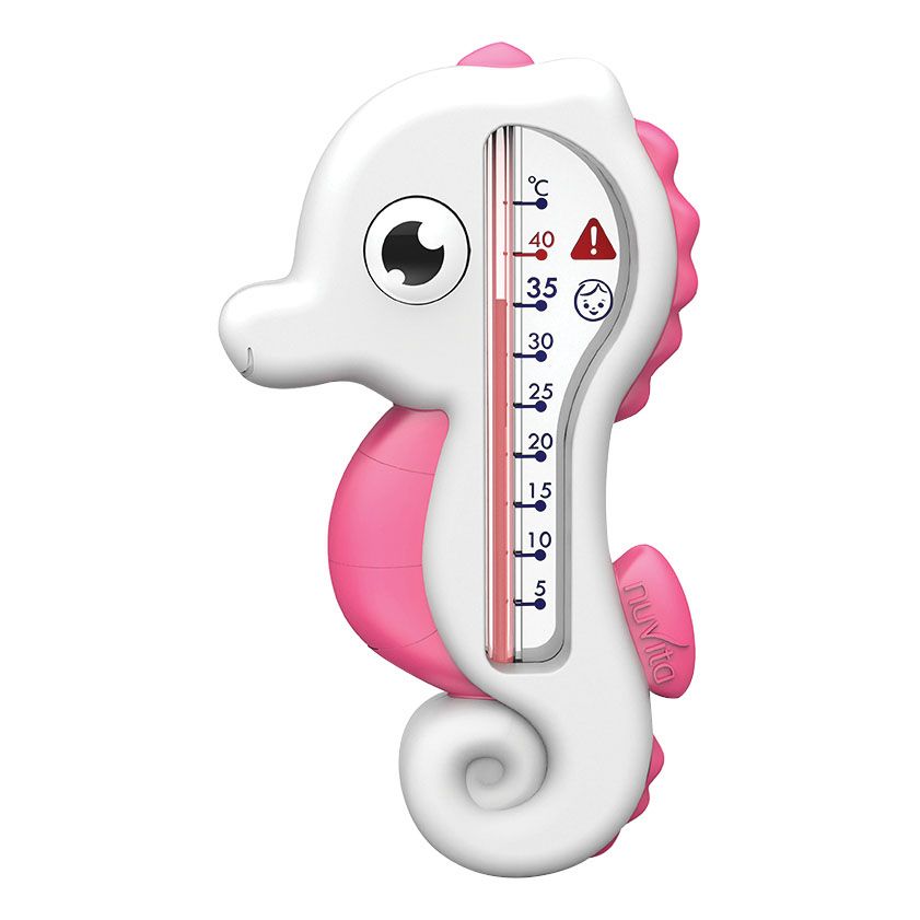 Termometro a forma di cavalluccio marino bianco e rosa. Scala graduata, indicatore rosso di avvertimento e dettaglio occhio. Logo Nuvita.