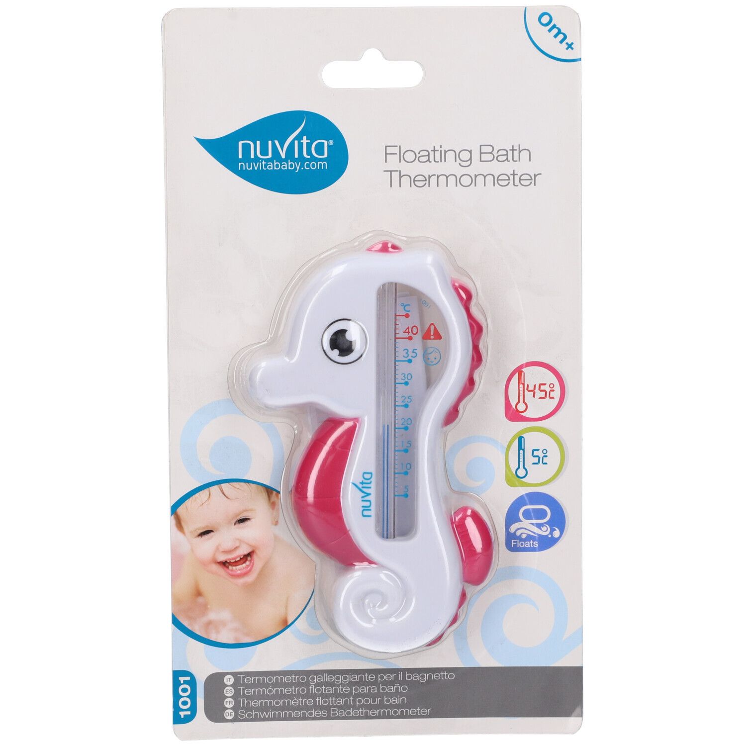 Confezione con termometro a cavalluccio marino bianco e rosa. Logo Nuvita, testo « Floating Bath Thermometer », foto bambino, icone.