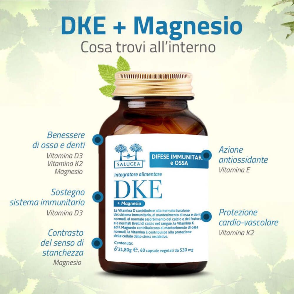 Produktflasche mit Text. Text: Knochen, Zähne, Immunsystem, Antioxidans, Herz-Kreislauf-Schutz. Goldfarbener Deckel.