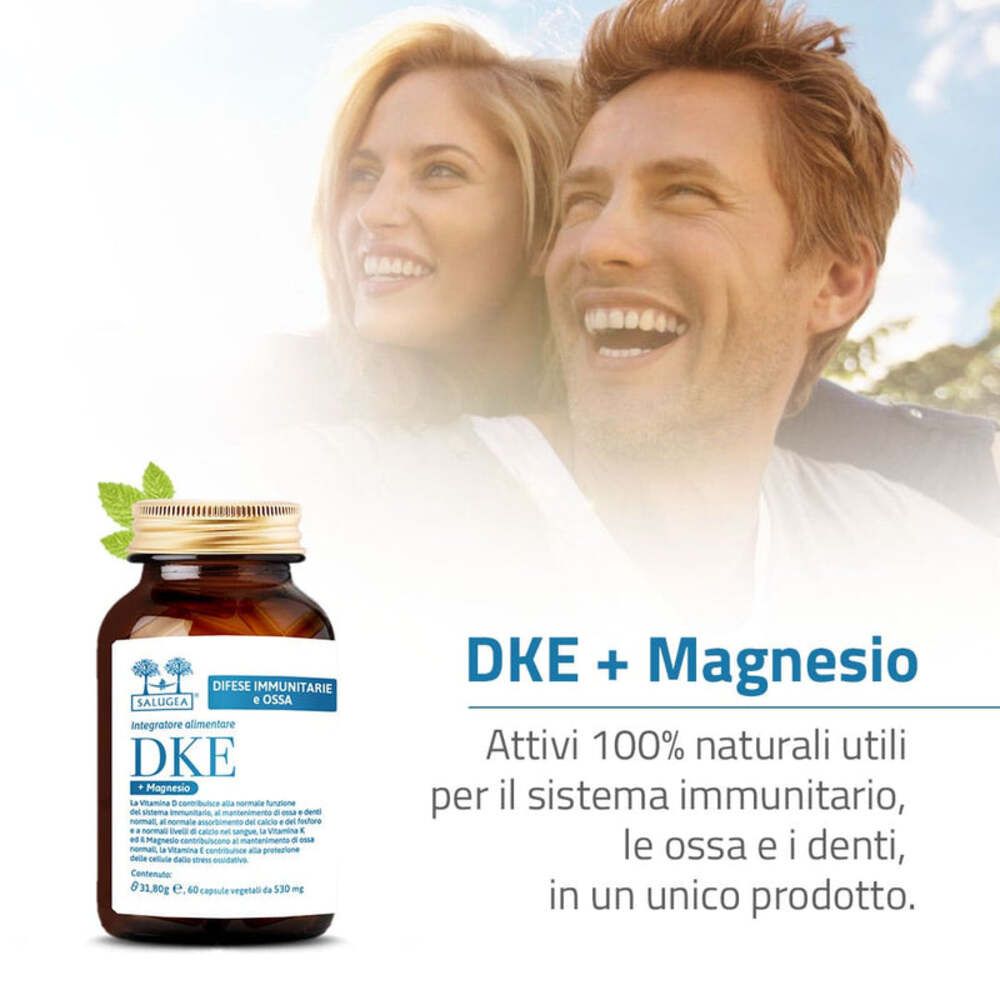 Paar mit Produktflasche. Flasche mit goldfarbenem Deckel. Text: 100% natürliche Wirkstoffe für Immunsystem, Knochen, Zähne.