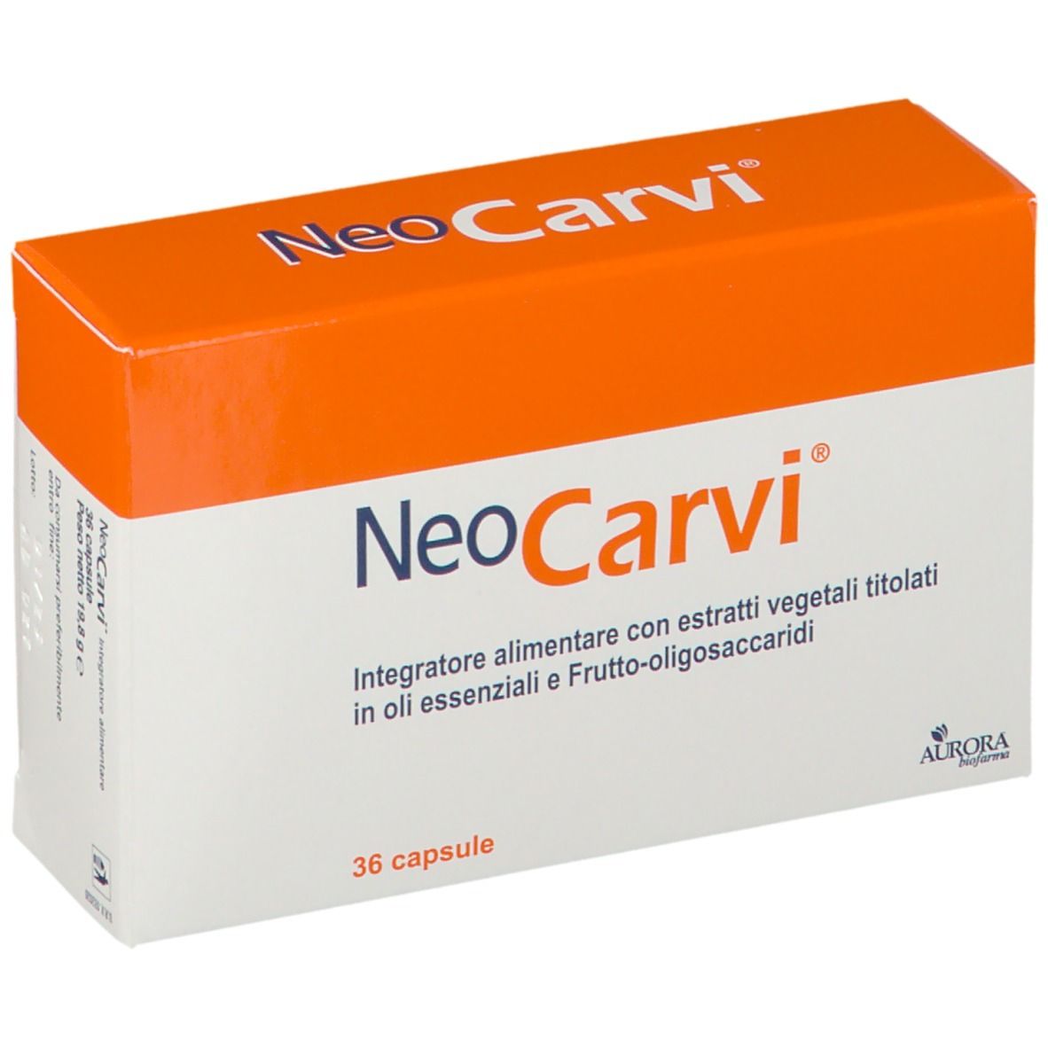 Scatola di NeoCarvi. Confezione arancione e bianca con nome e testo del prodotto. 36 capsule.