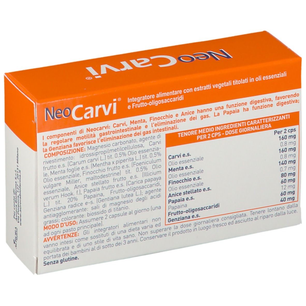 Retro della scatola NeoCarvi. Testo con ingredienti e informazioni nutrizionali. Aurora Biofarma.