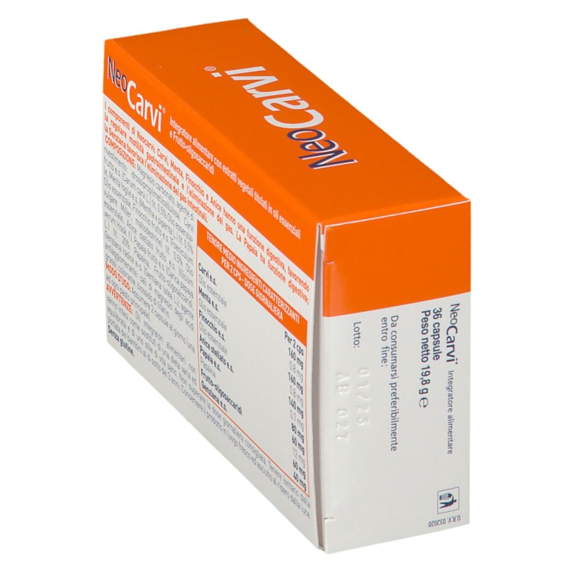 Scatola NeoCarvi, retro. Testo con ingredienti e informazioni nutrizionali. 36 capsule.