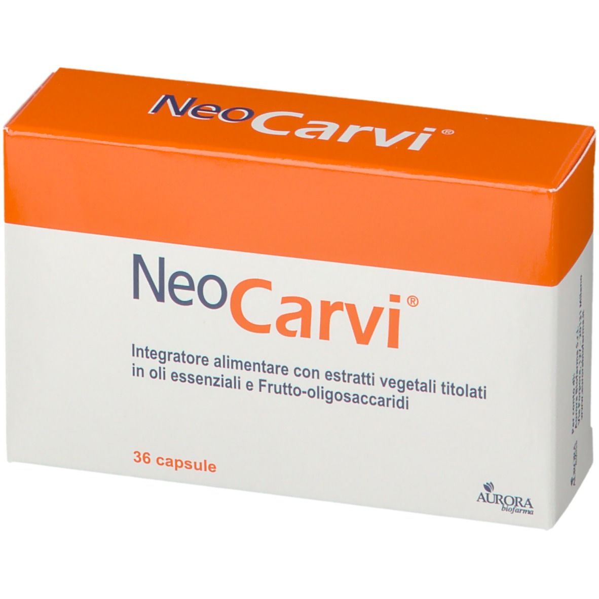 Scatola NeoCarvi, arancione e bianca. Nome e testo del prodotto. 36 capsule. Aurora Biofarma.