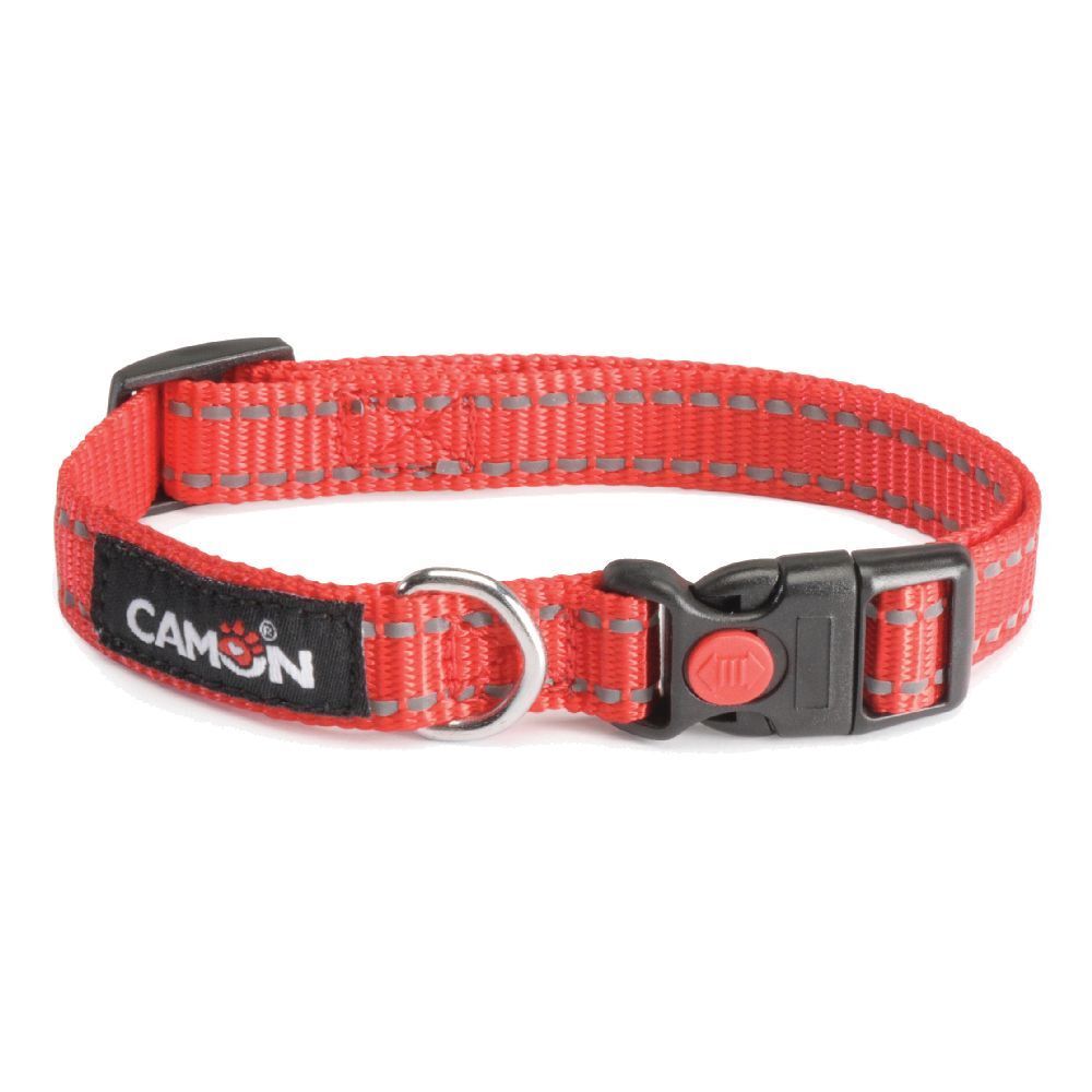 Collare rosso per cani con strisce riflettenti e chiusura nera. Marchio CAMON.