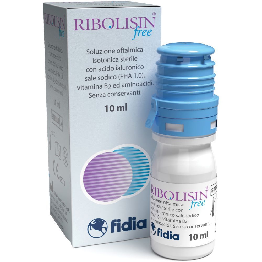 Flacone di collirio e confezione. Scritta: Ribolisin free, 10 ml. Contiene acido ialuronico, vitamina B2 e aminoacidi. Marchio: Fidia.