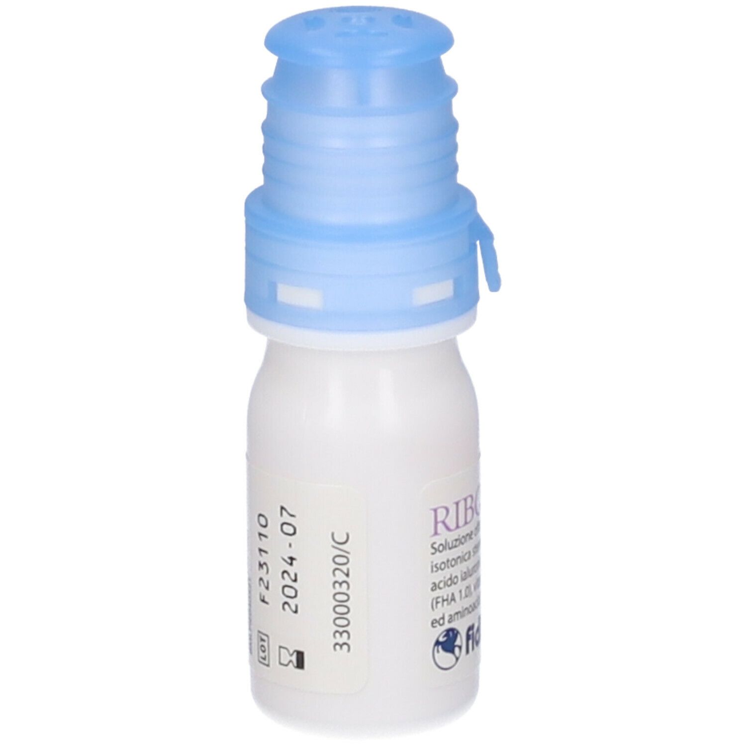 Flacone di collirio con tappo blu. Scritta: Ribolisin free. Contiene acido ialuronico, vitamina B2 e aminoacidi. Marchio: Fidia. Scadenza 2024-07.