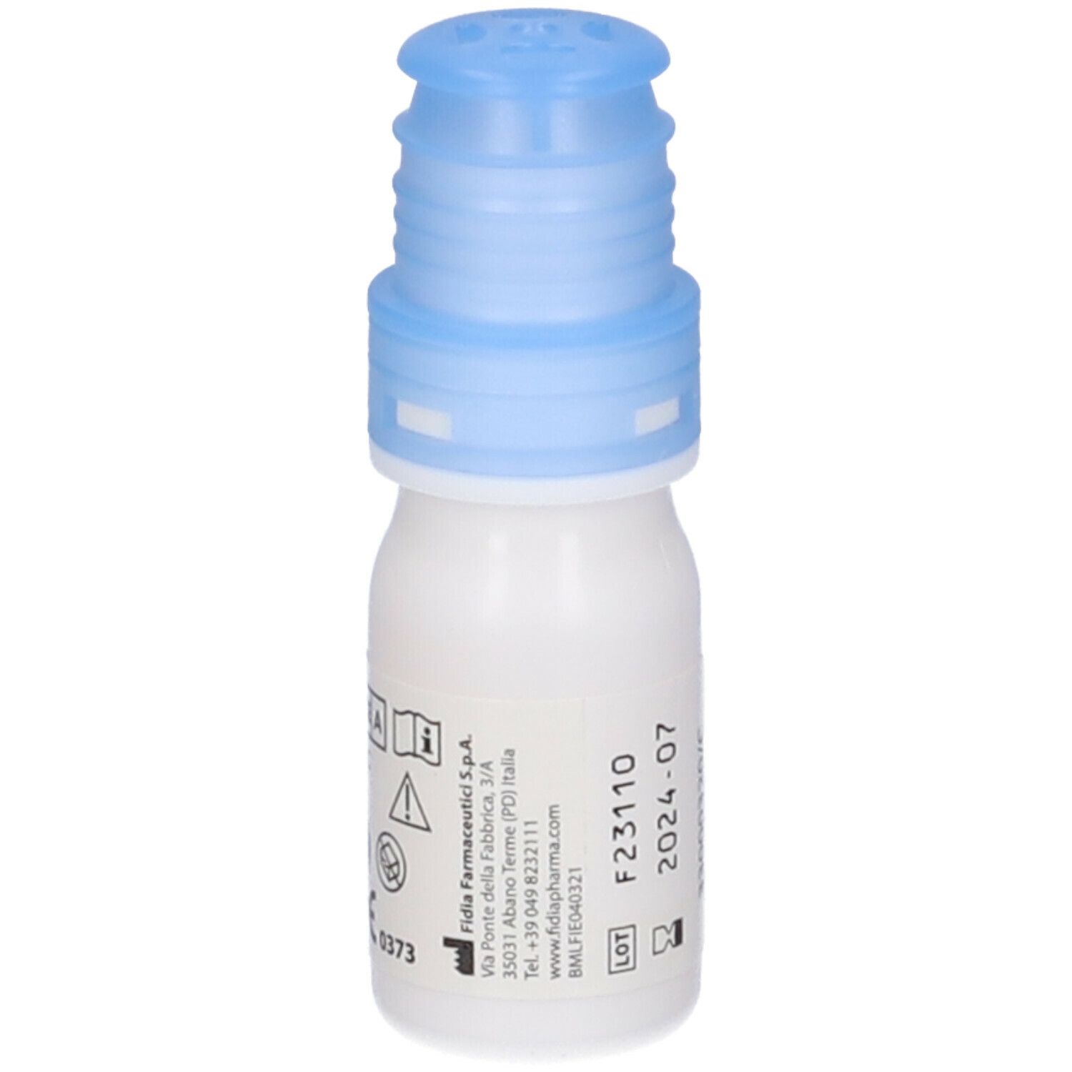 Flacone di collirio con tappo blu. Scritta: Ribolisin free. Contiene acido ialuronico, vitamina B2 e aminoacidi. Marchio: Fidia. Scadenza 2024-07.