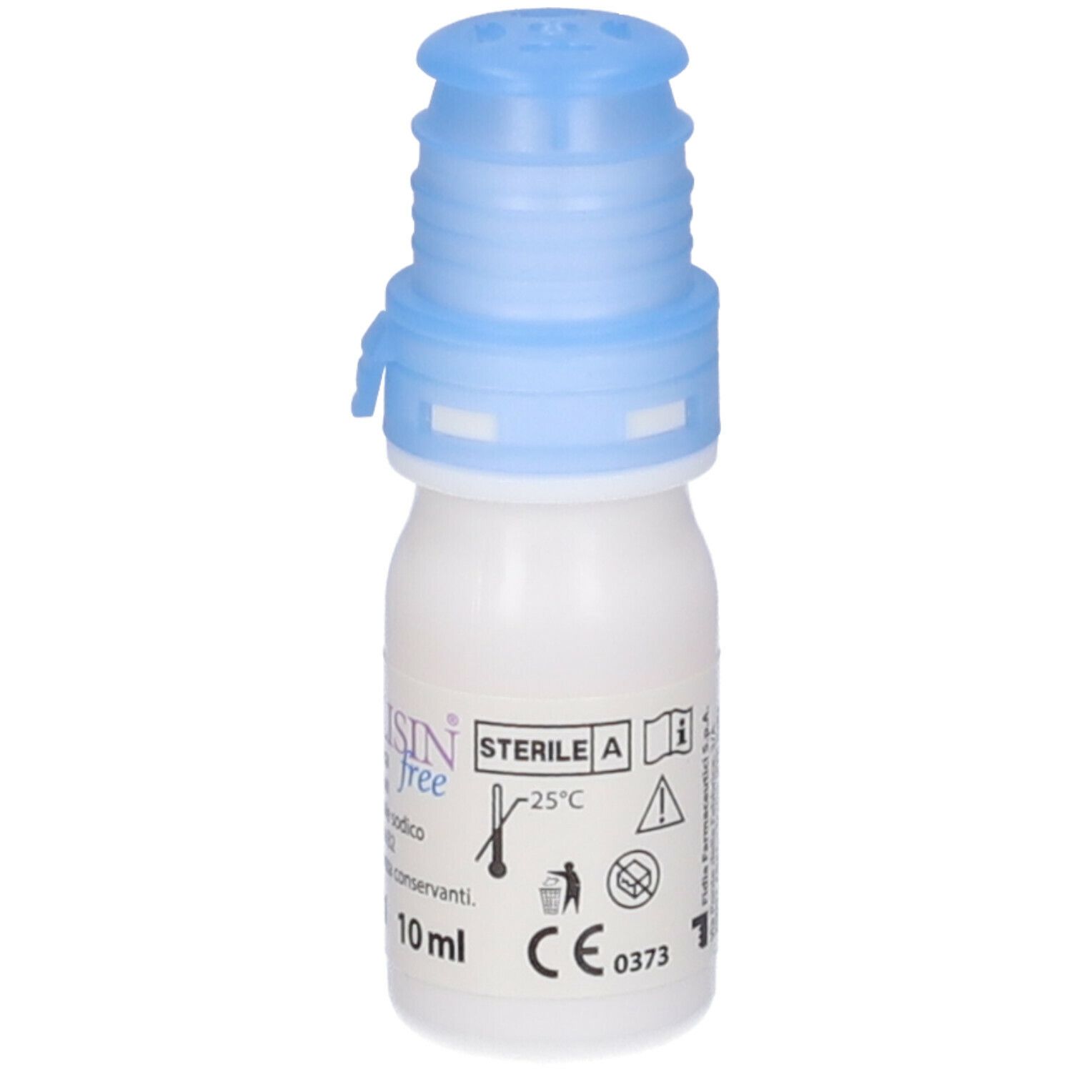 Flacone di collirio con tappo blu. Scritta: Ribolisin free, 10 ml. Contiene acido ialuronico, vitamina B2 e aminoacidi. Marchio: Fidia. Sterile.