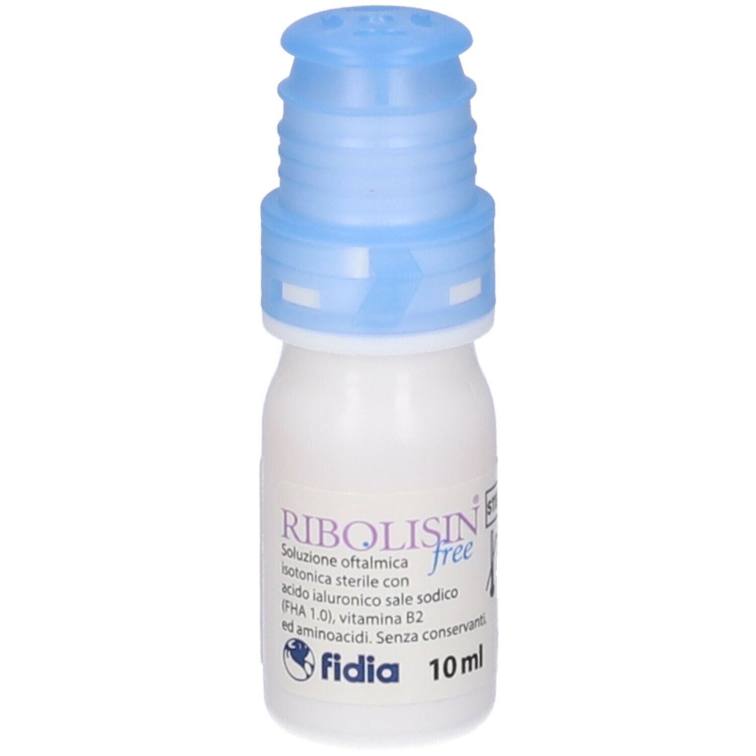 Flacone di collirio con tappo blu. Scritta: Ribolisin free, 10 ml. Contiene acido ialuronico, vitamina B2 e aminoacidi. Marchio: Fidia.