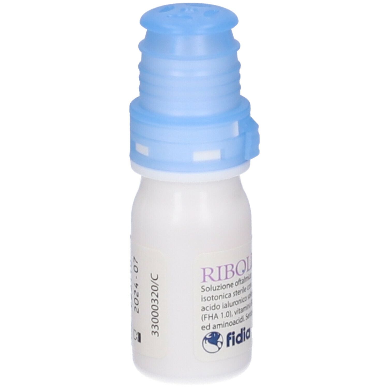 Flacone di collirio con tappo blu. Scritta: Ribolisin free. Contiene acido ialuronico, vitamina B2 e aminoacidi. Marchio: Fidia. Scadenza 2024-07.